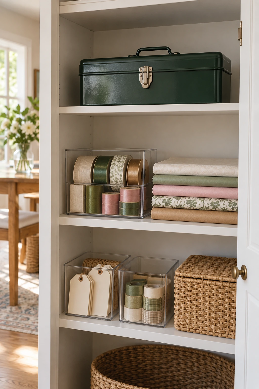 Latched tool box storing gift wrap scissors and cutters safely