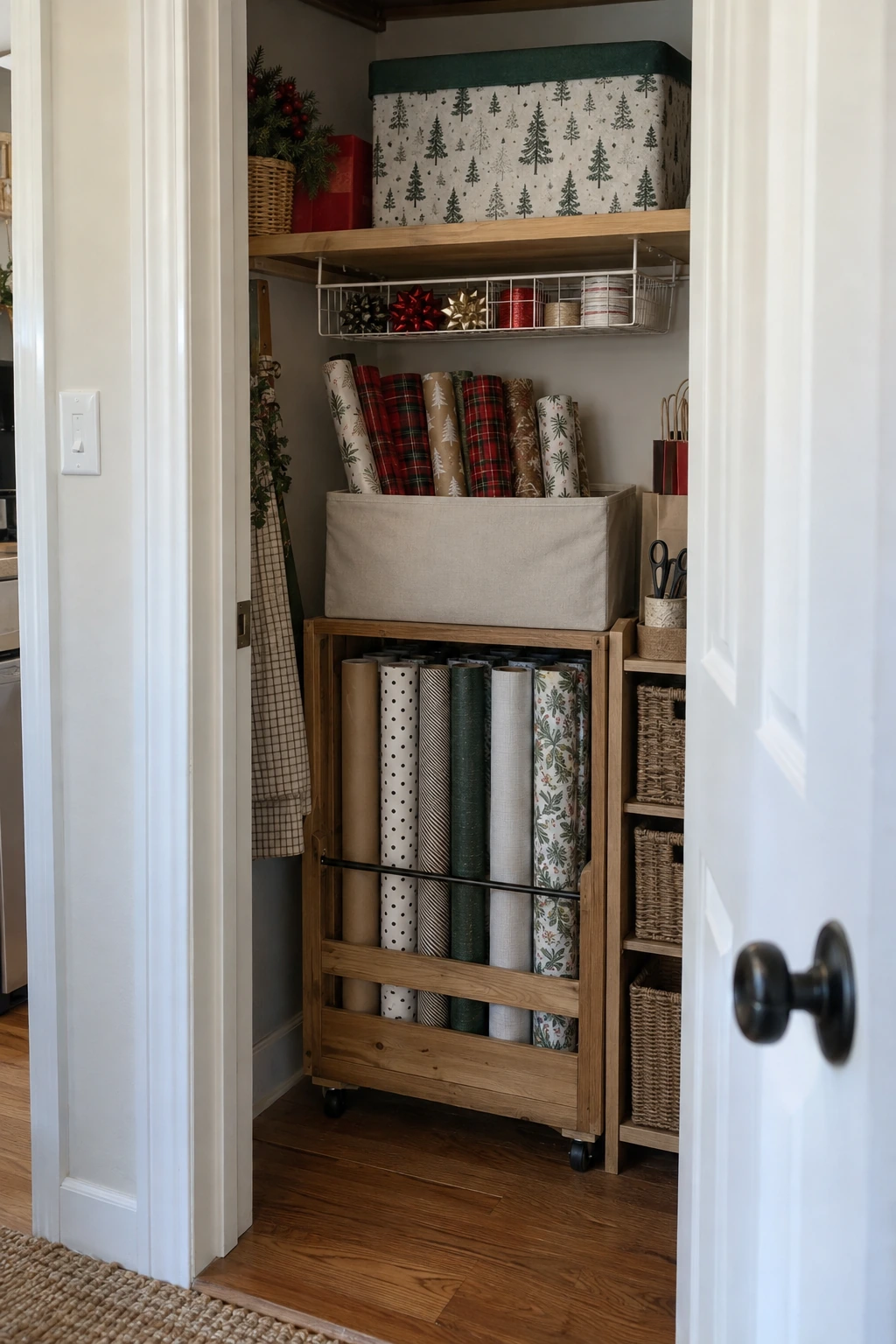 Separate labeled zones for everyday and seasonal wrapping paper