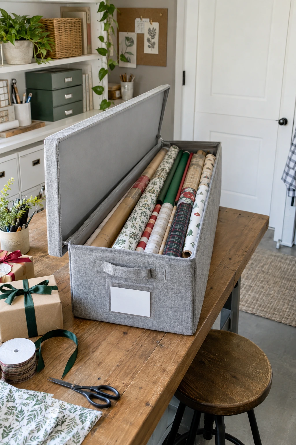 Gift wrap storage lid with a simple reusable inventory card