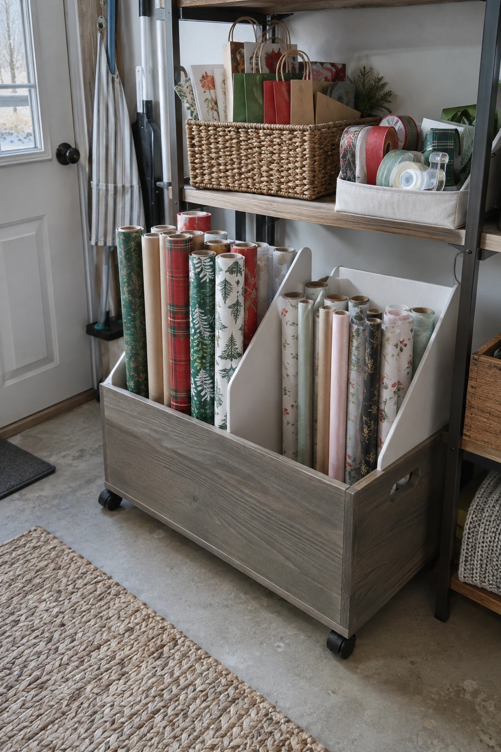 Rigid dividers protecting wrapping paper rolls in a storage bin
