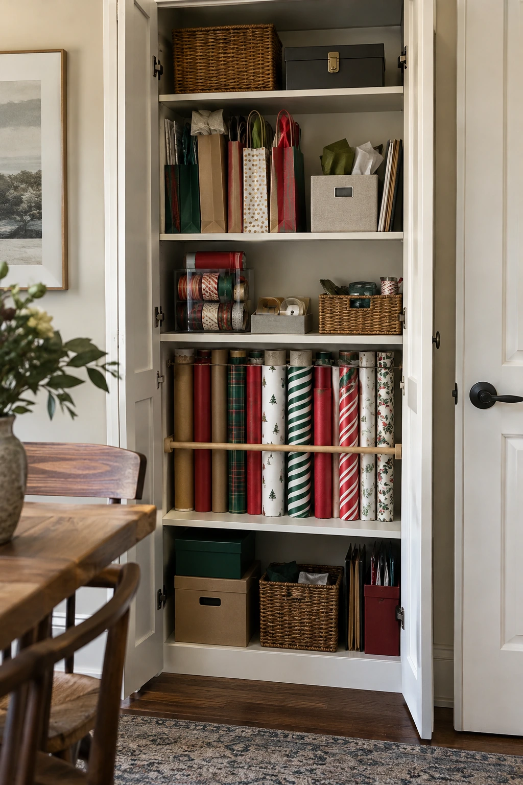 Accessible middle shelf with shared gift wrap supplies and safe tools above