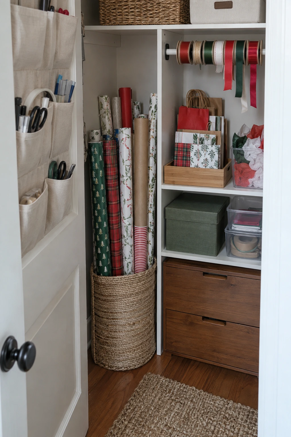 Gift wrap station being reset with rolls secured and tools stored