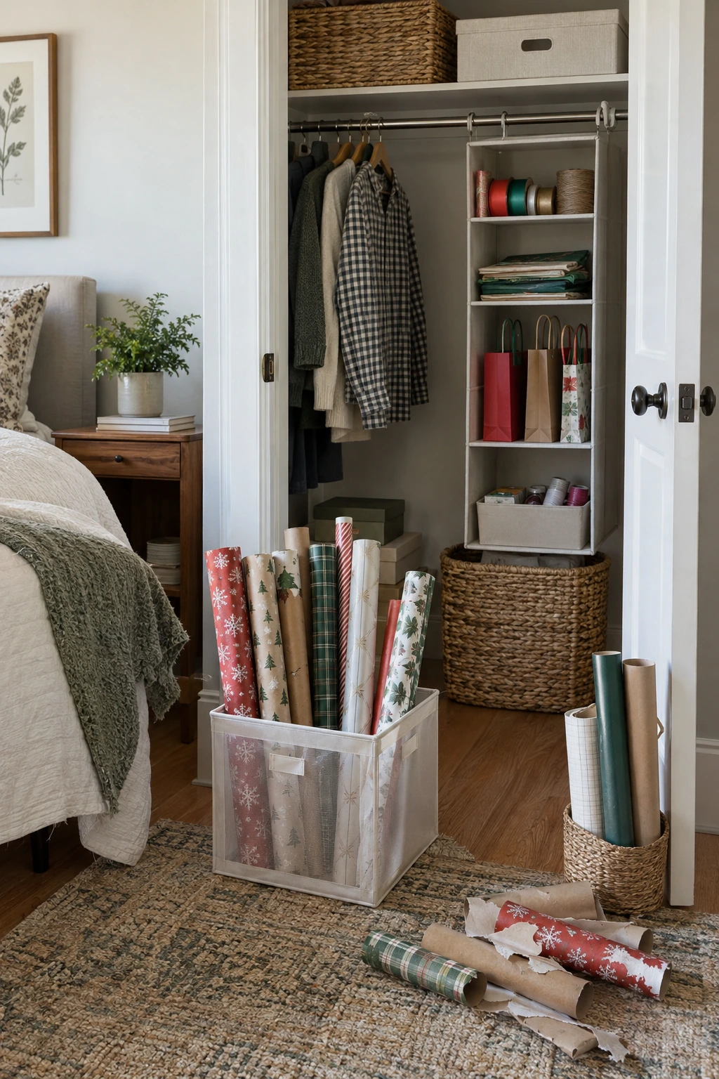 Seasonal review of organized wrapping paper storage