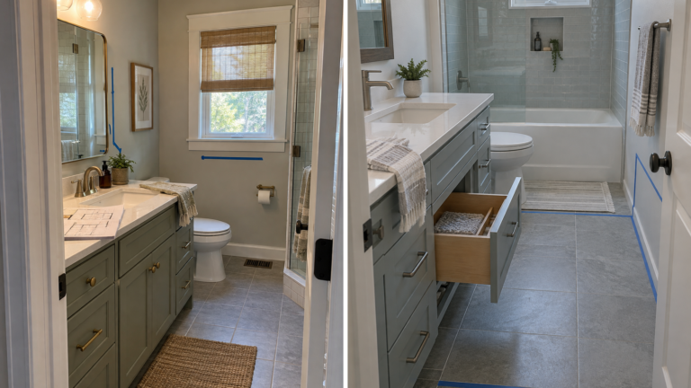 Two newly generated bathroom vanity planning scenes showing measured room fit and a full-scale clearance mock-up