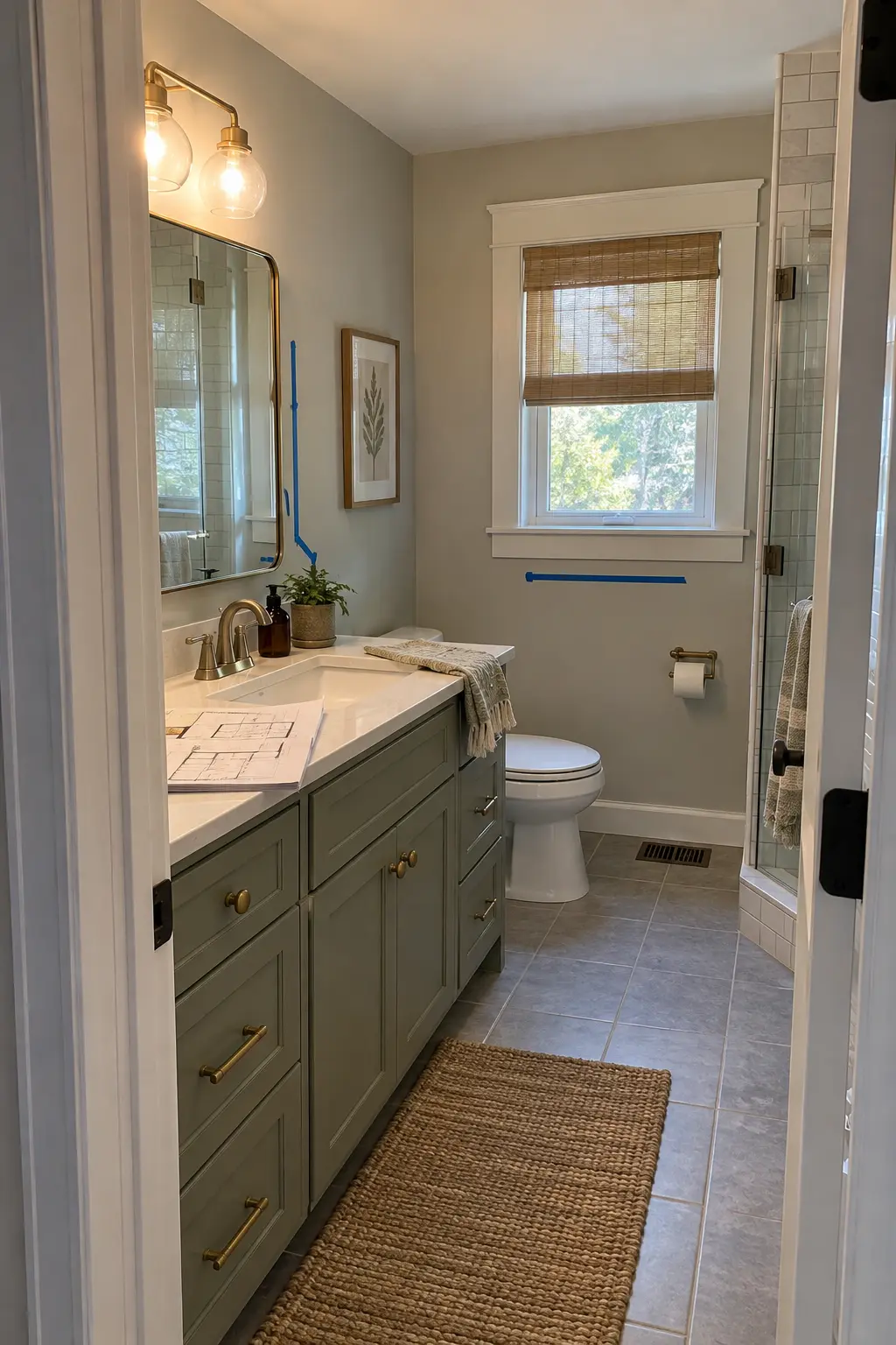 Warm oak 72-inch double vanity with two undermount sinks and balanced mirrors