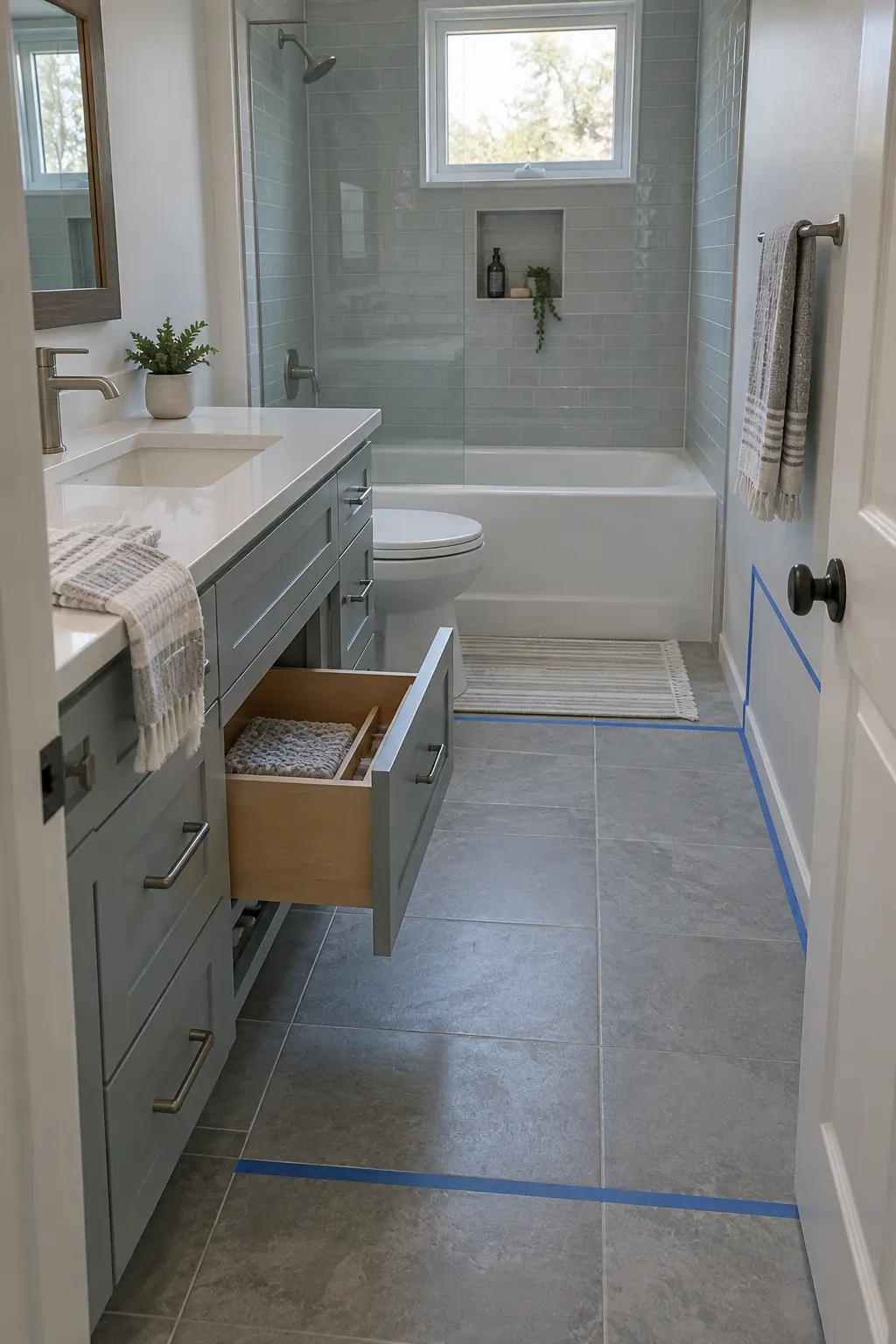Compact 60-inch double vanity with small basins and clear center space