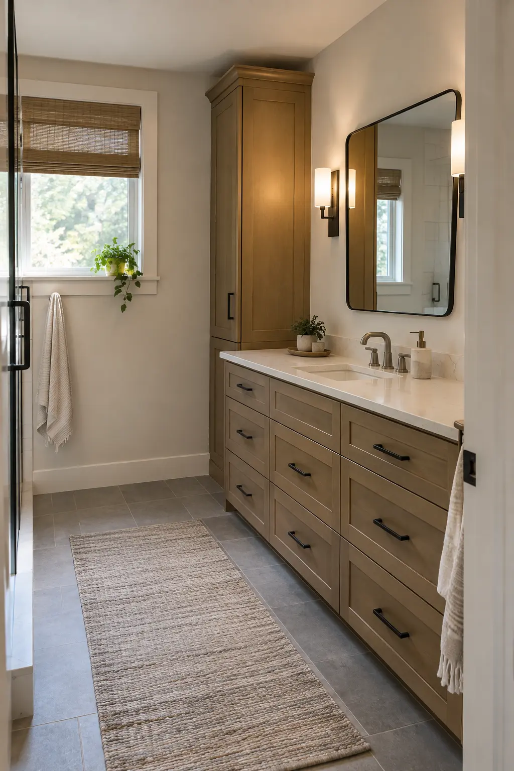 Wall-to-wall blue double vanity fitted neatly between two bathroom walls
