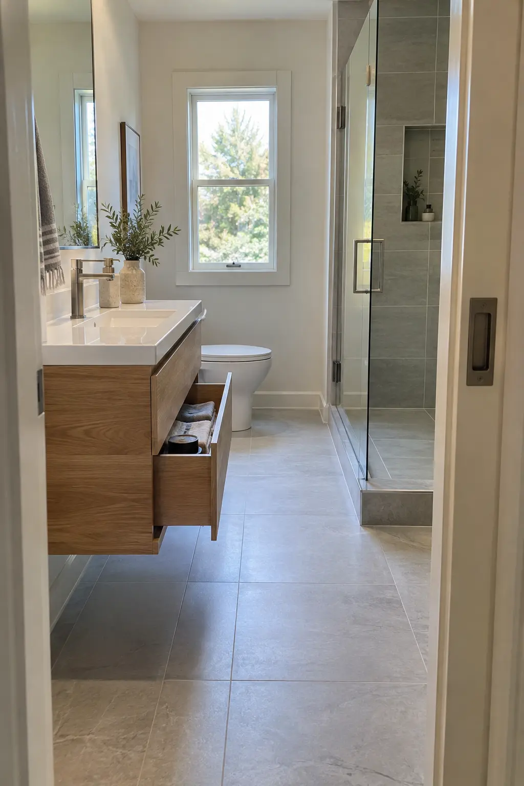 Shallow double vanity with wall-mounted faucets in a narrow bathroom