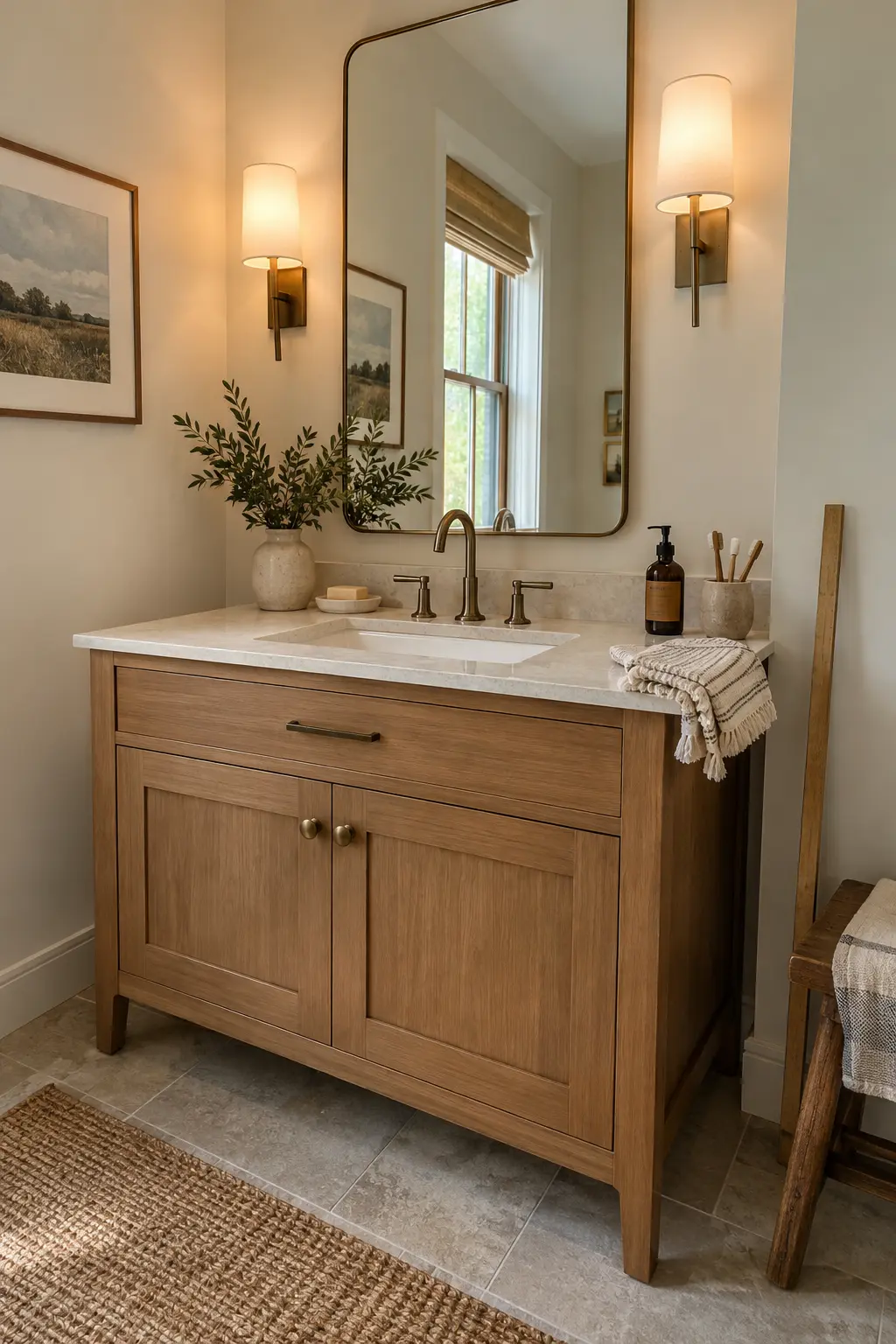 Double vanity with a lower seated grooming counter between two sinks