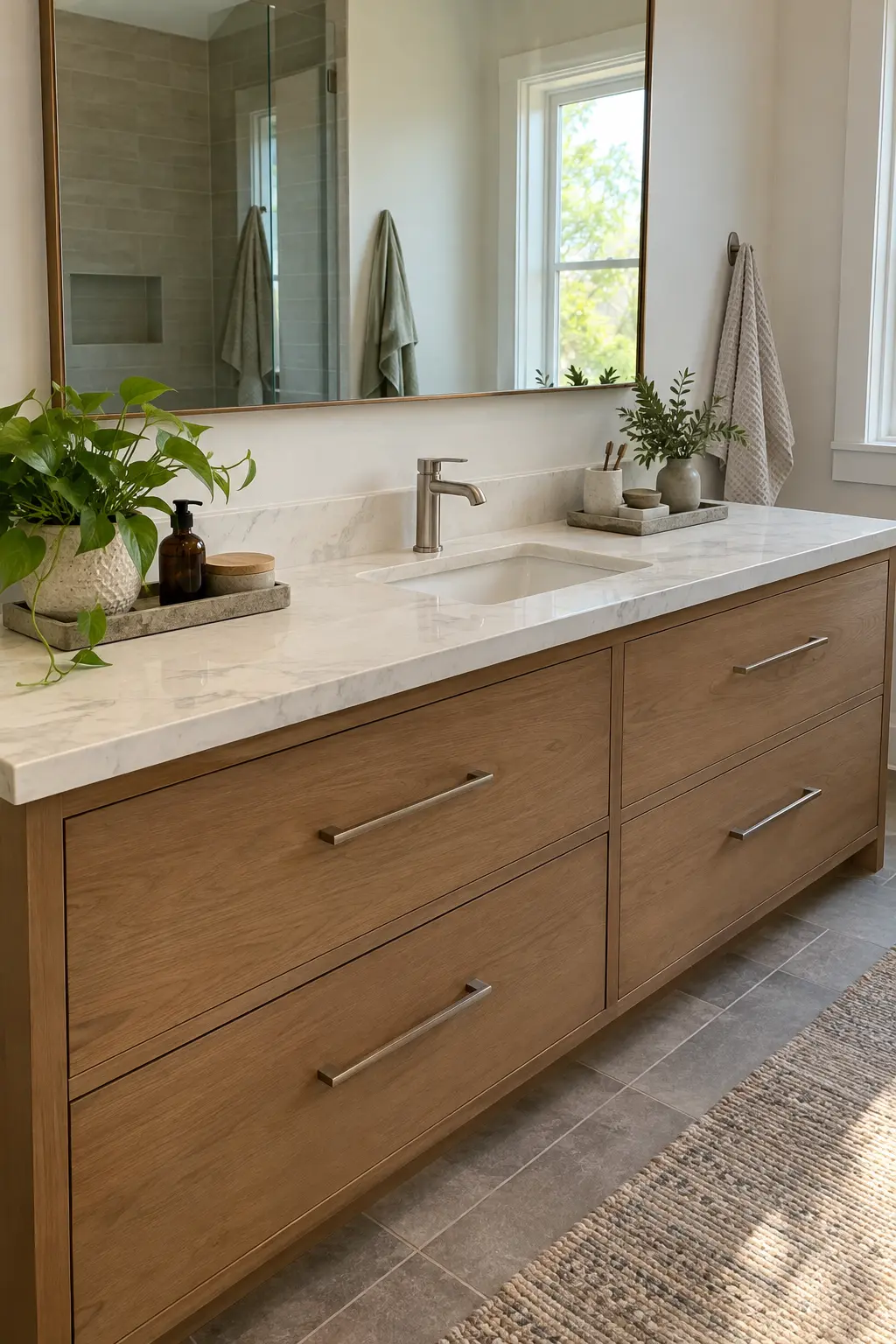 Long white trough basin with two faucets on a simple double vanity