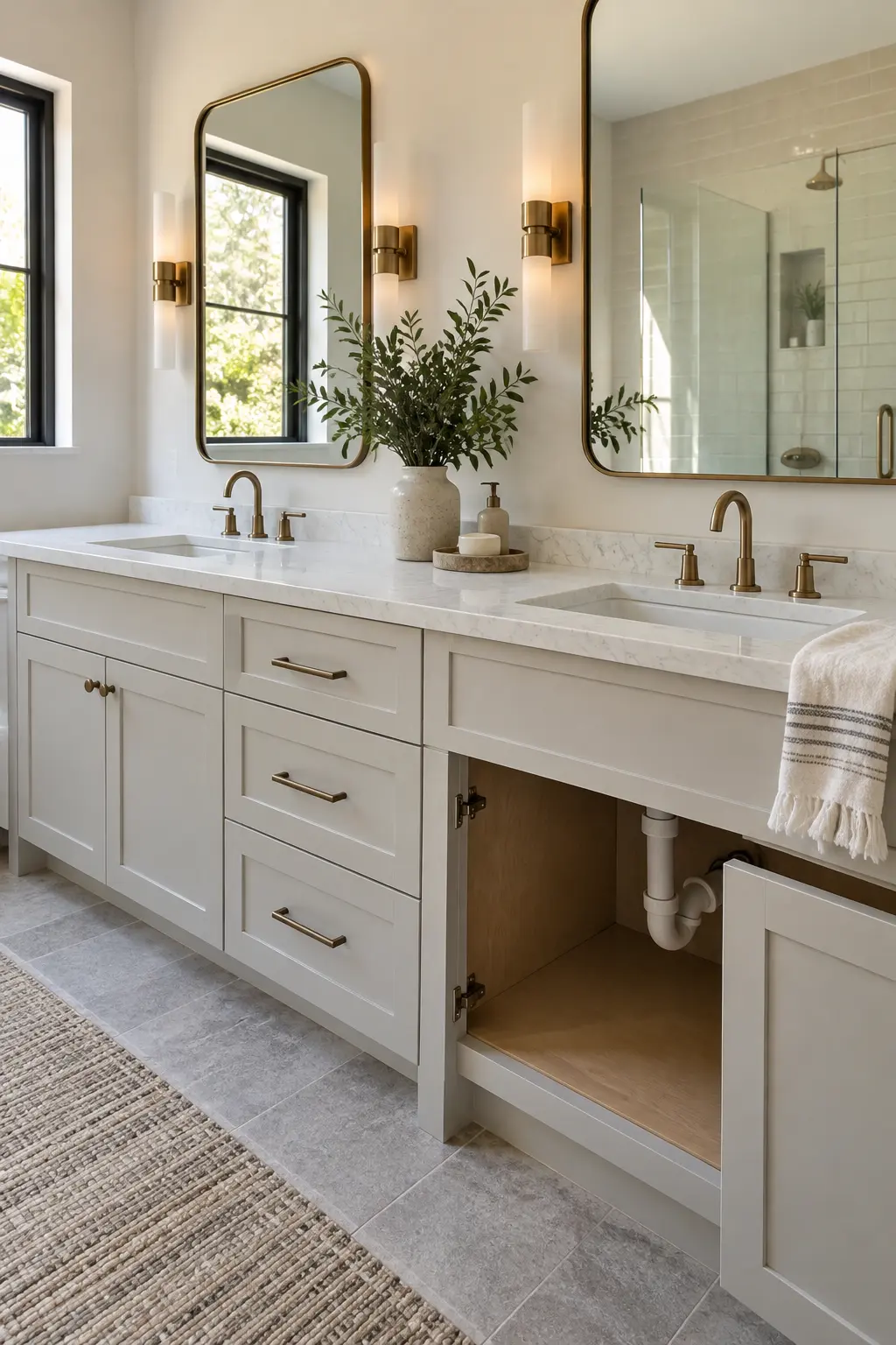 Asymmetrical double vanity with offset sinks and wide usable drawers