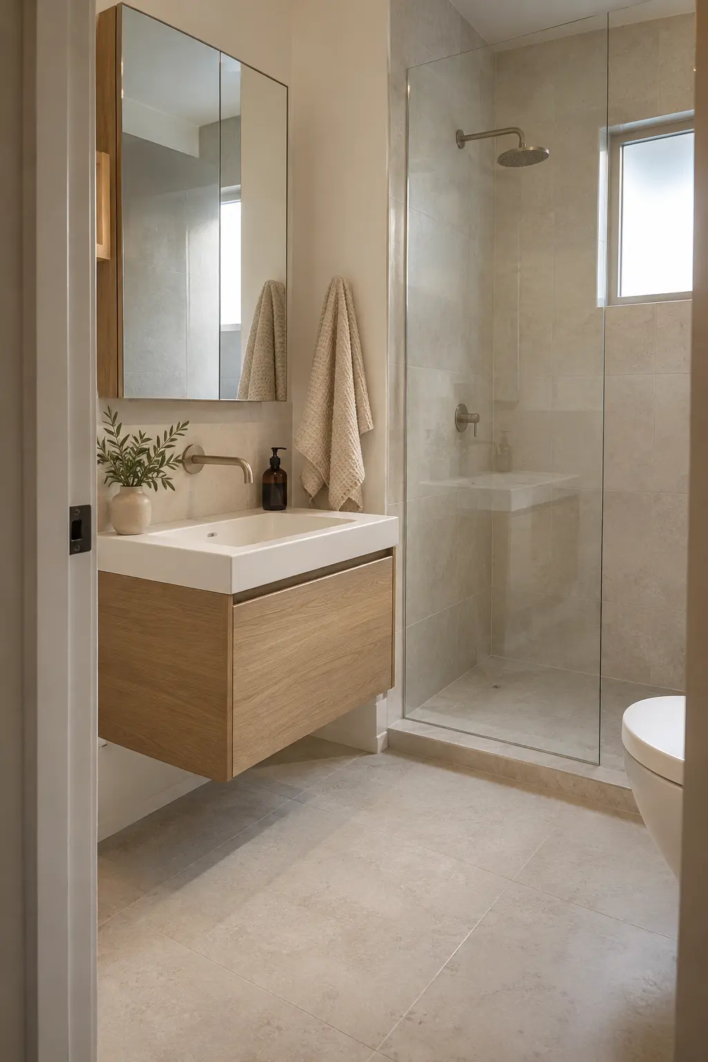 Compact bathroom with a shallow double vanity along the longest wall