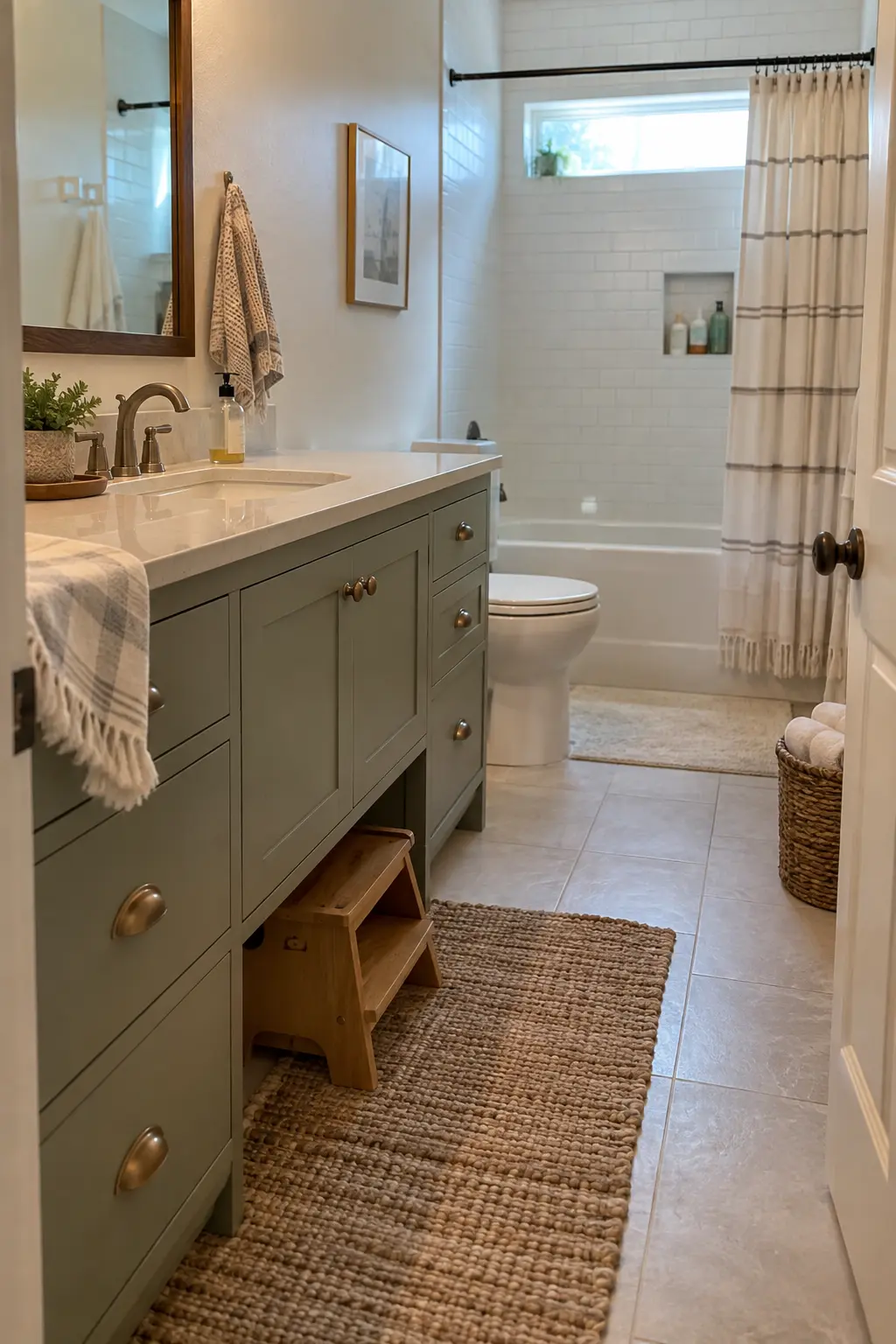 Family double vanity with two step stools stored under open toe spaces