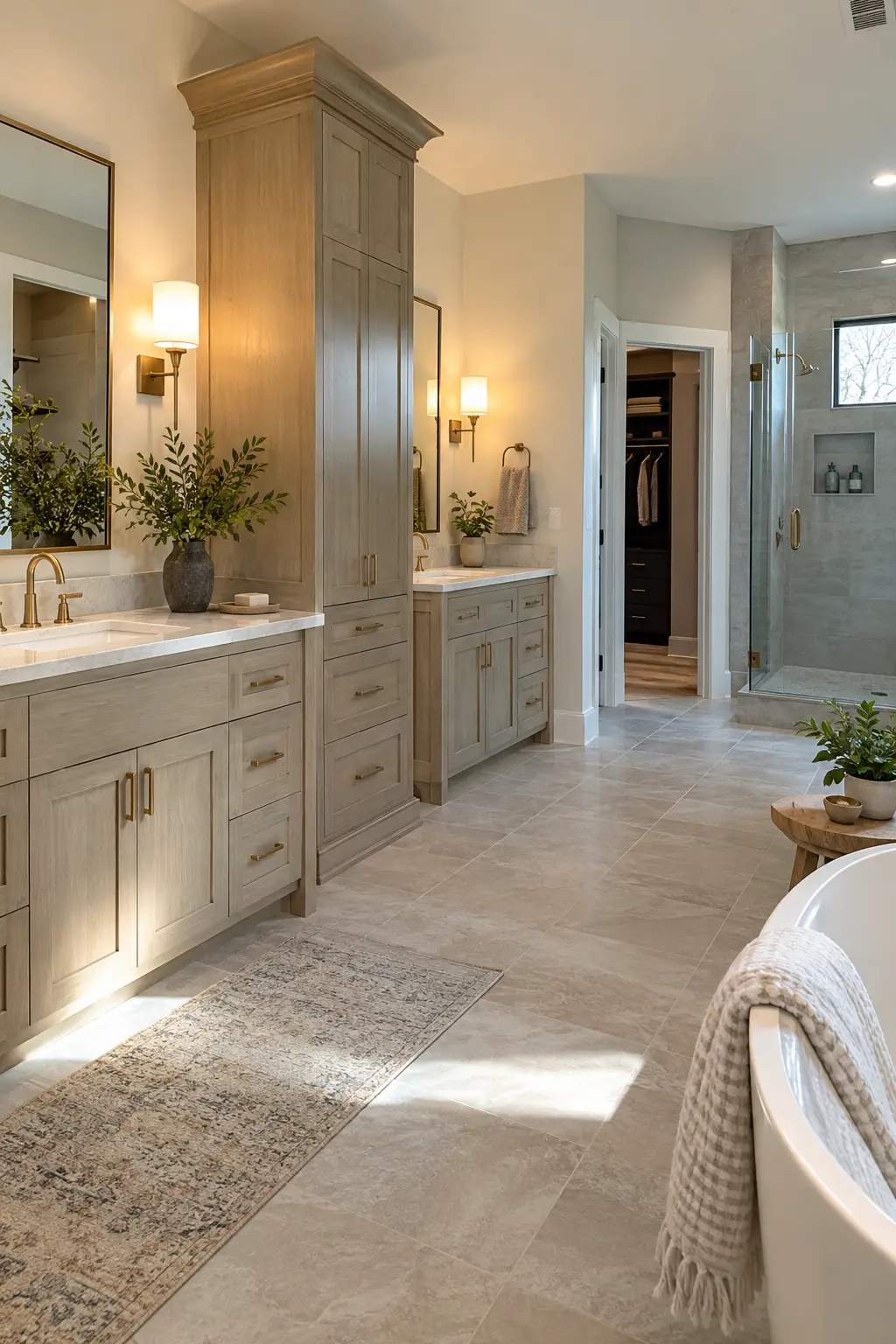 Double vanity with a slim center tower dividing two mirror zones