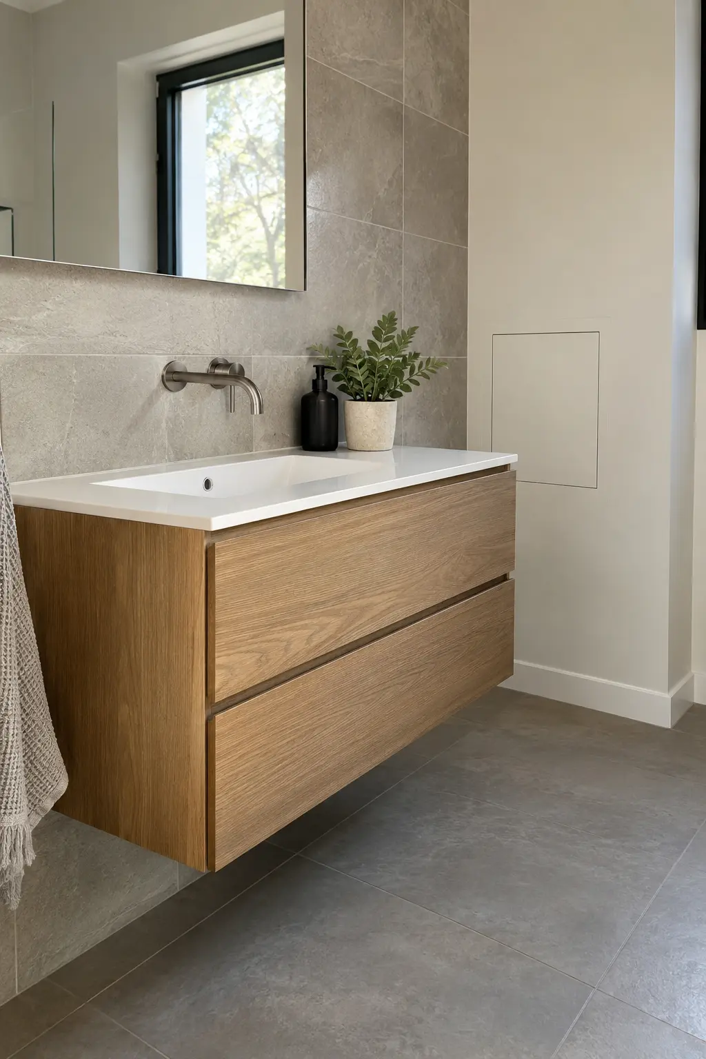 Two separate floating oak vanities with open floor space between them