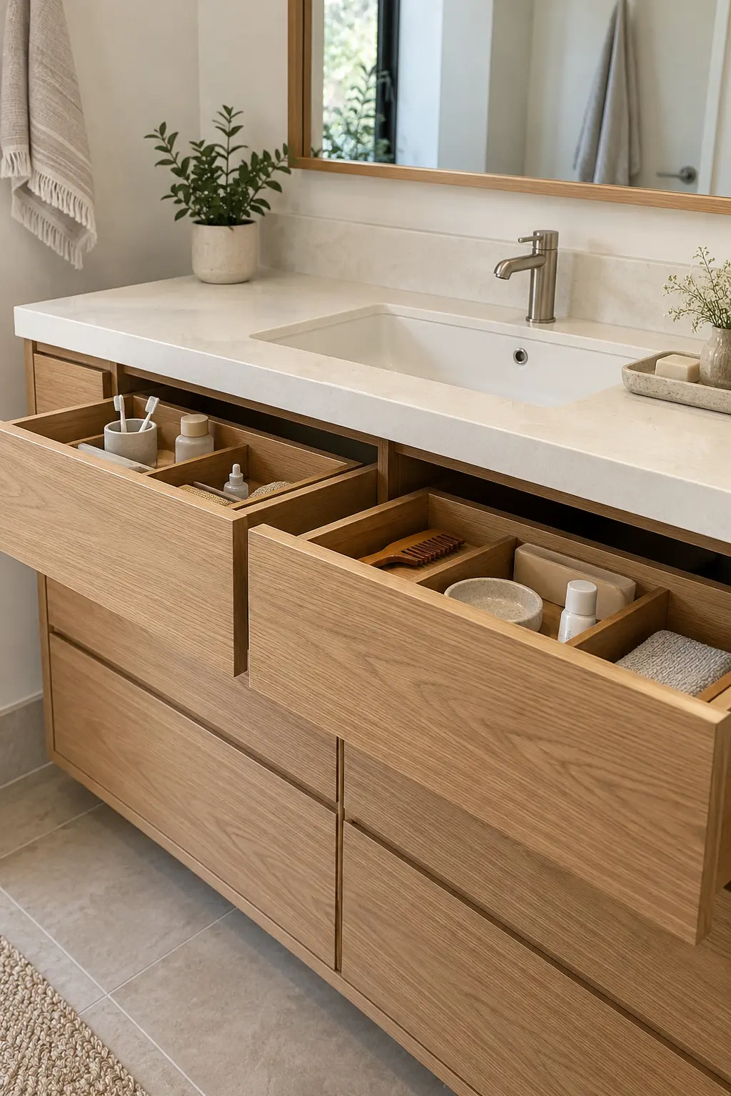 Organized shallow vanity drawers for two separate daily routines