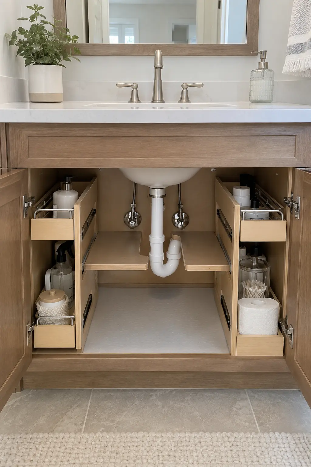 Open double vanity cabinet with pull-out organizers fitted around plumbing