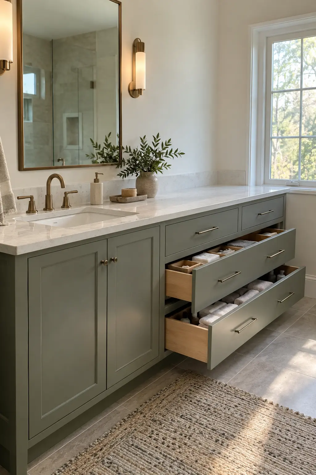 Double vanity with separate drawer stacks beside each sink