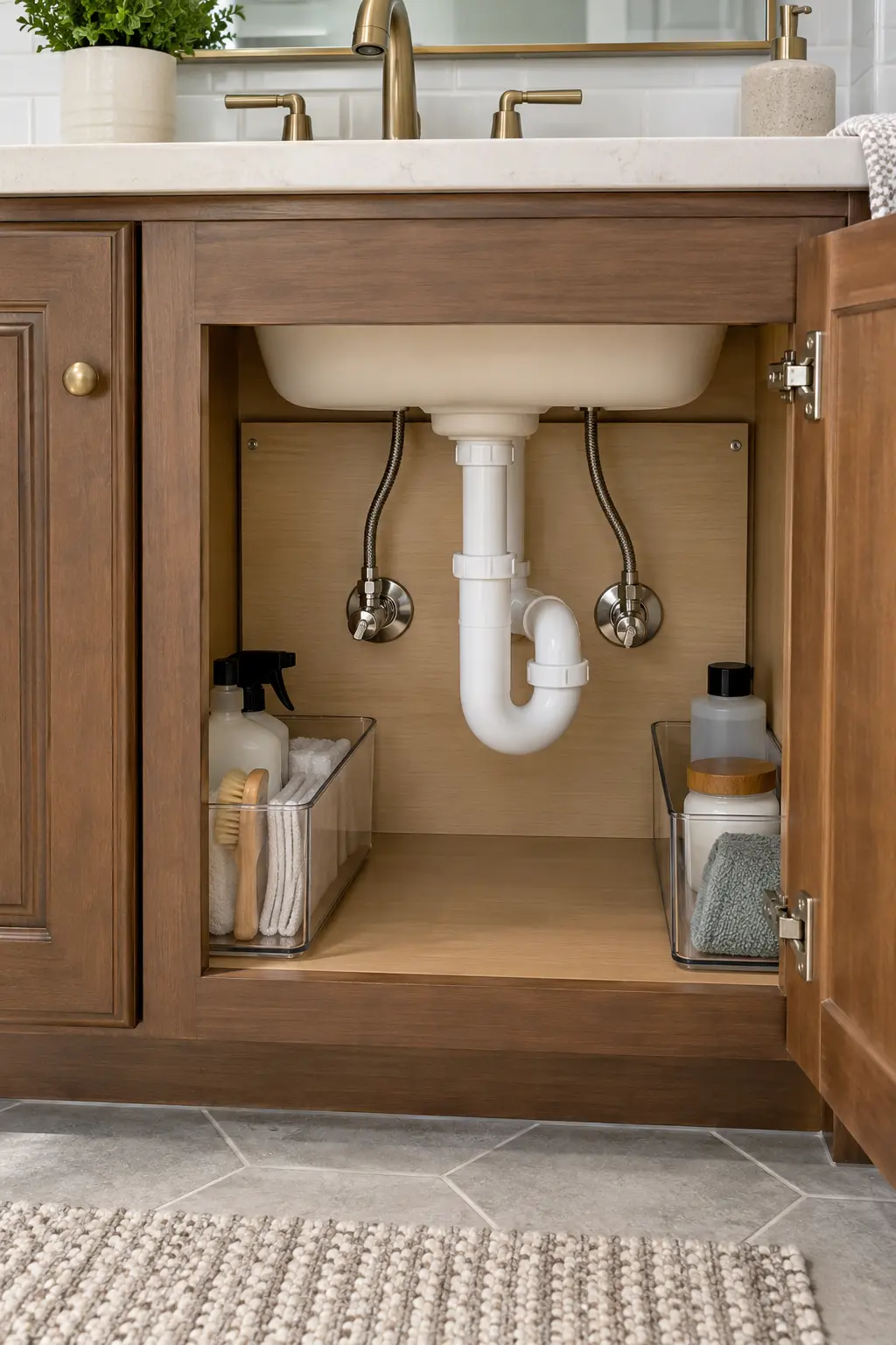 Open vanity cabinet with a compact leak sensor beside accessible plumbing