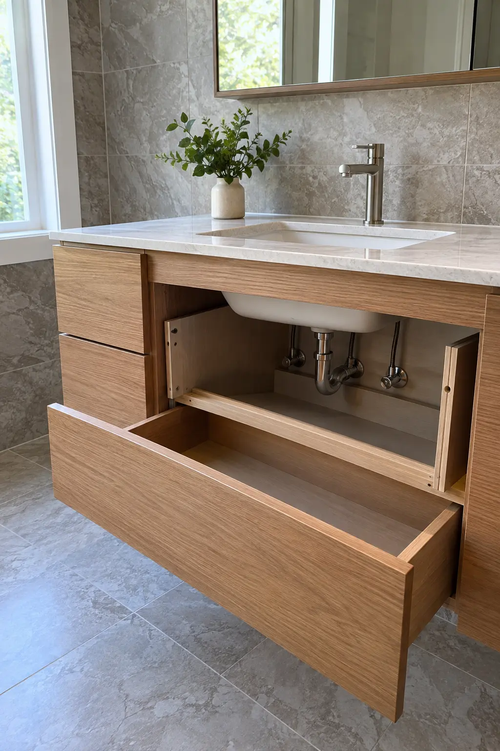 Double vanity arranged along one plumbing wall beside a glass shower