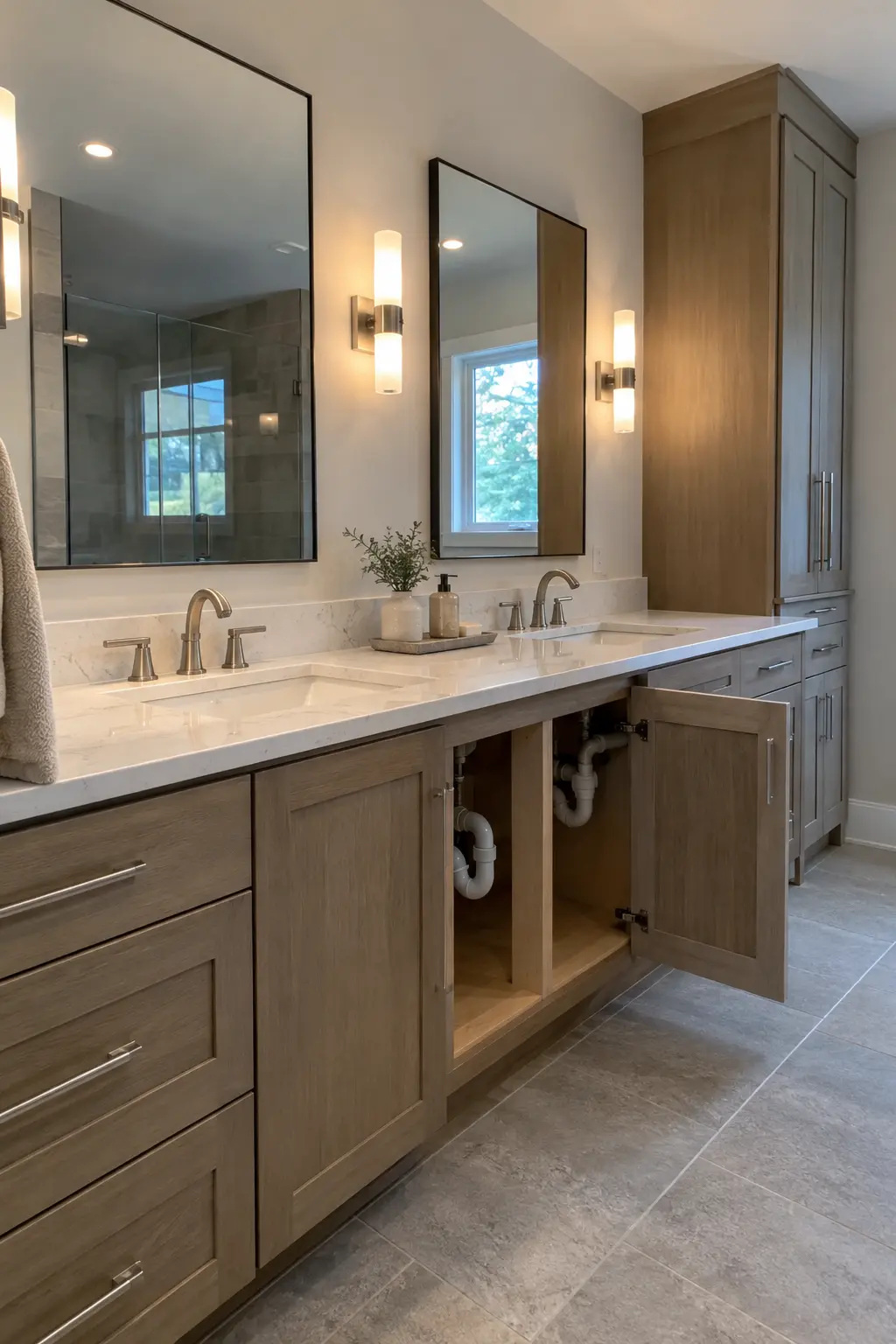 Double vanity assembled from stock cabinets with a continuous countertop