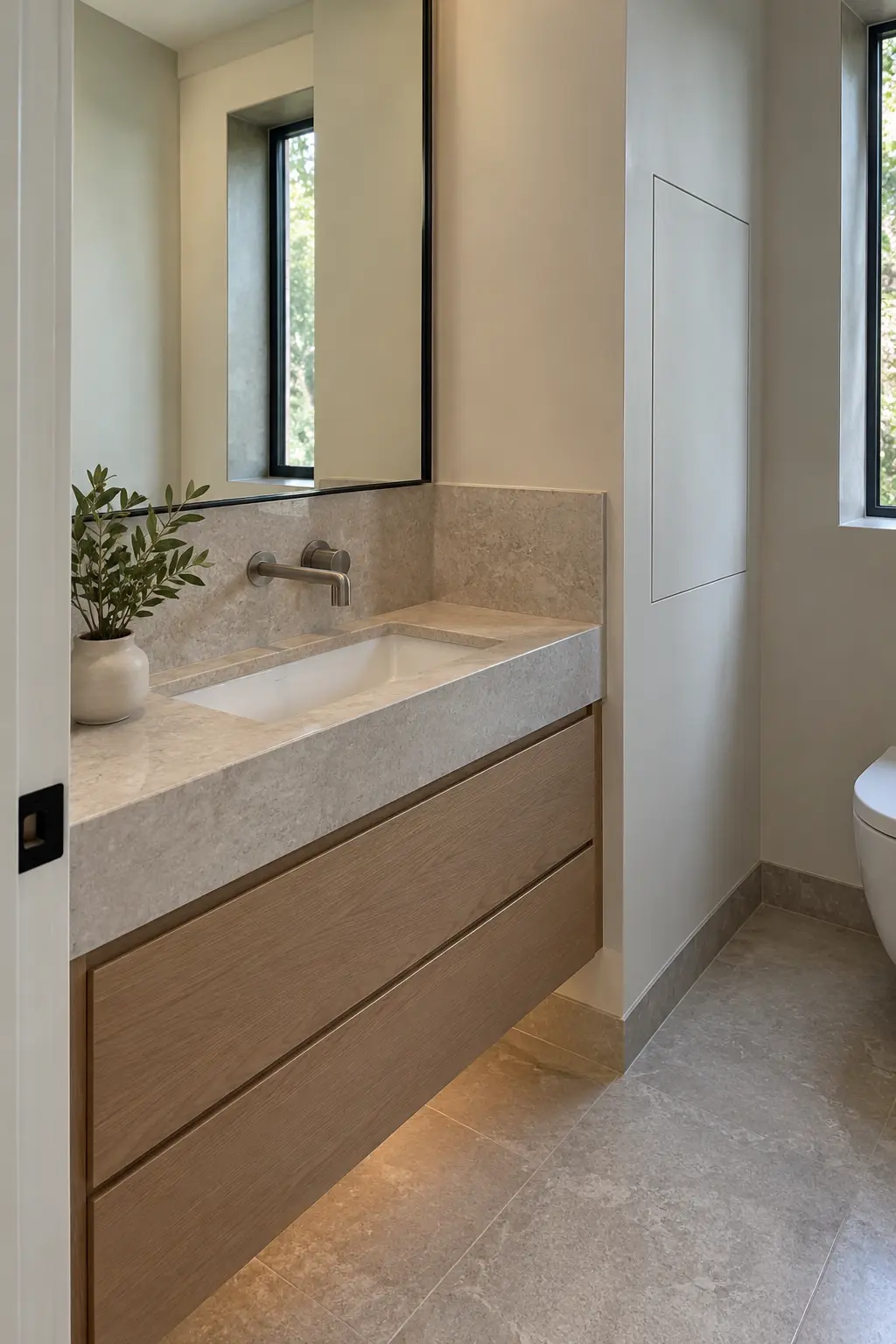 Double vanity with a softly varied green handmade-look tile backsplash