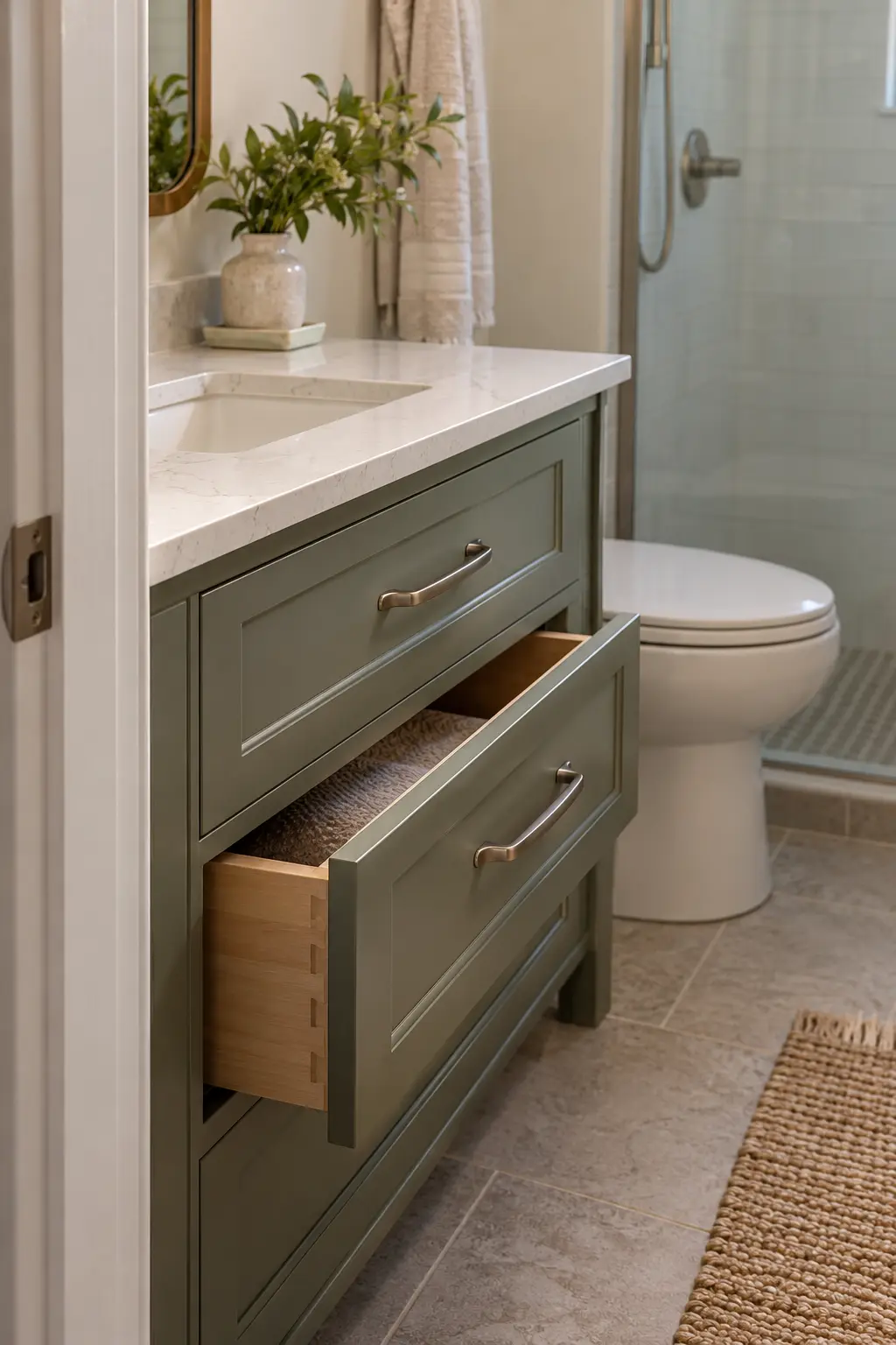 Double vanity combining brushed nickel faucets with aged brass lighting