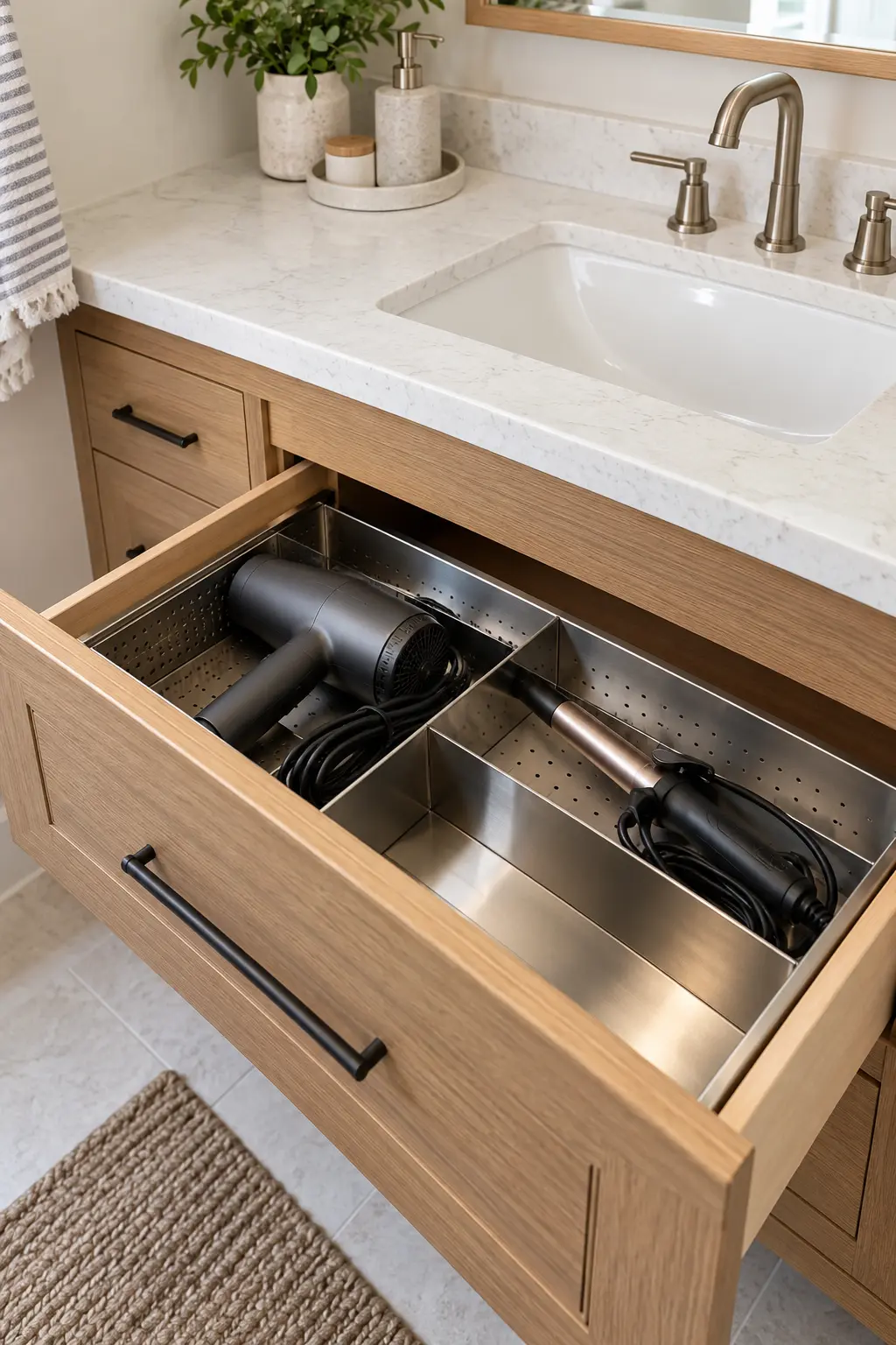 Vanity drawer with metal hair-tool cups and neatly routed cords