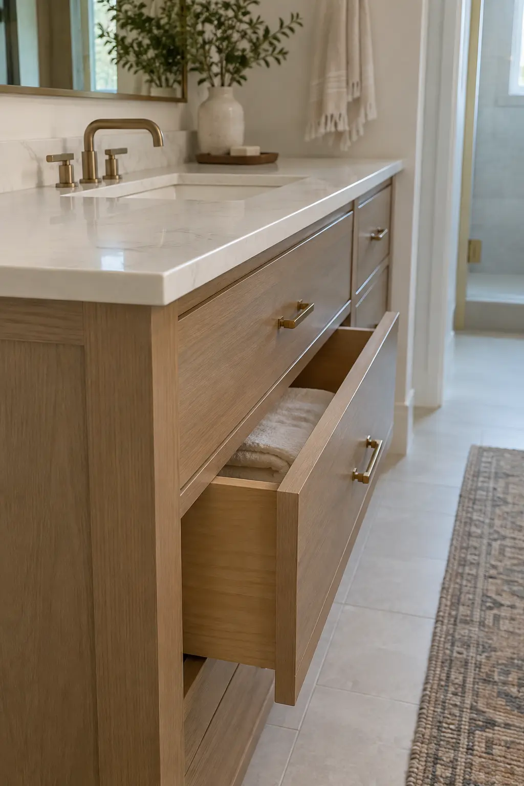 Prefab double vanity refreshed with new hardware, mirrors, and lighting