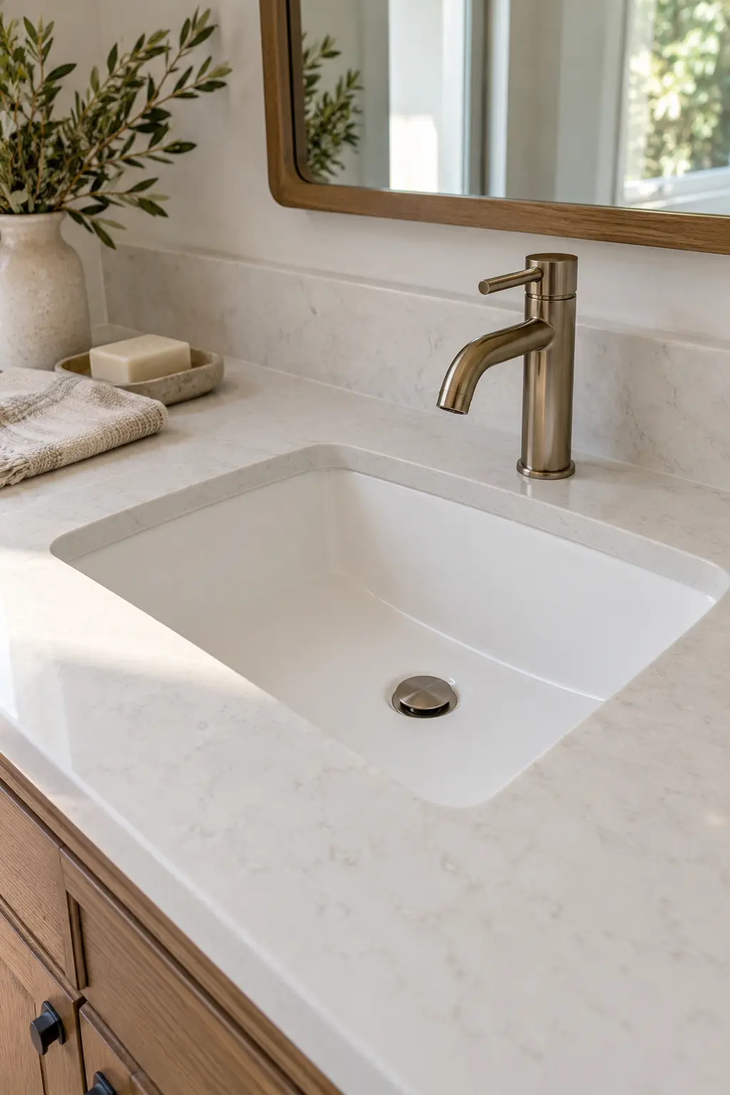 Double vanity with undermount sinks and simple single-handle faucets