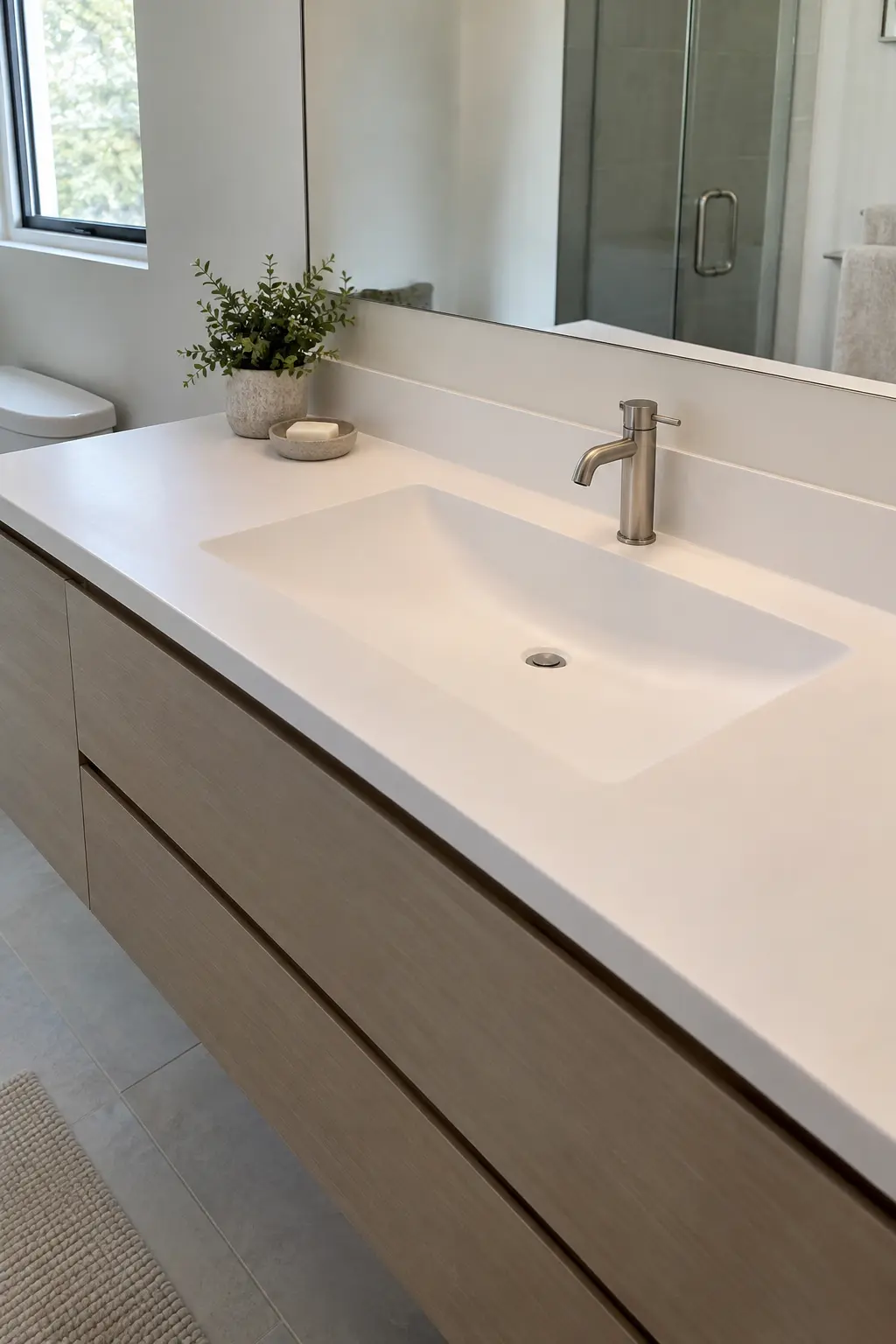 Two sink cabinets connected by an open oak towel shelf