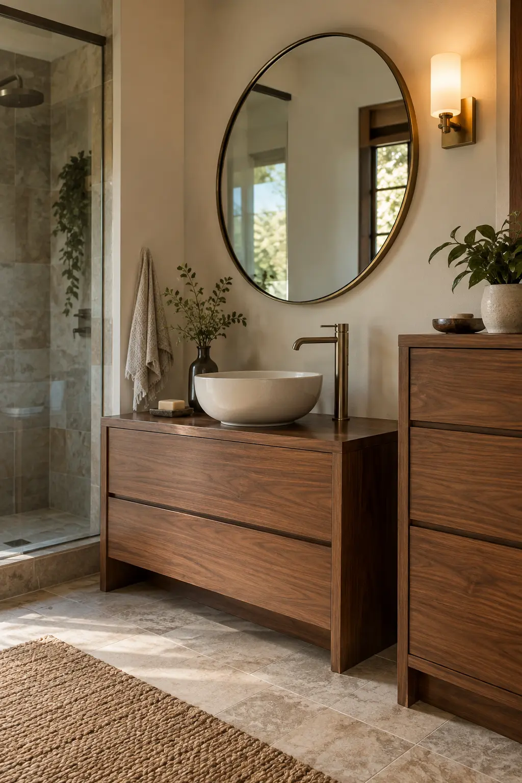 Wide vintage dresser converted into a two-sink bathroom vanity