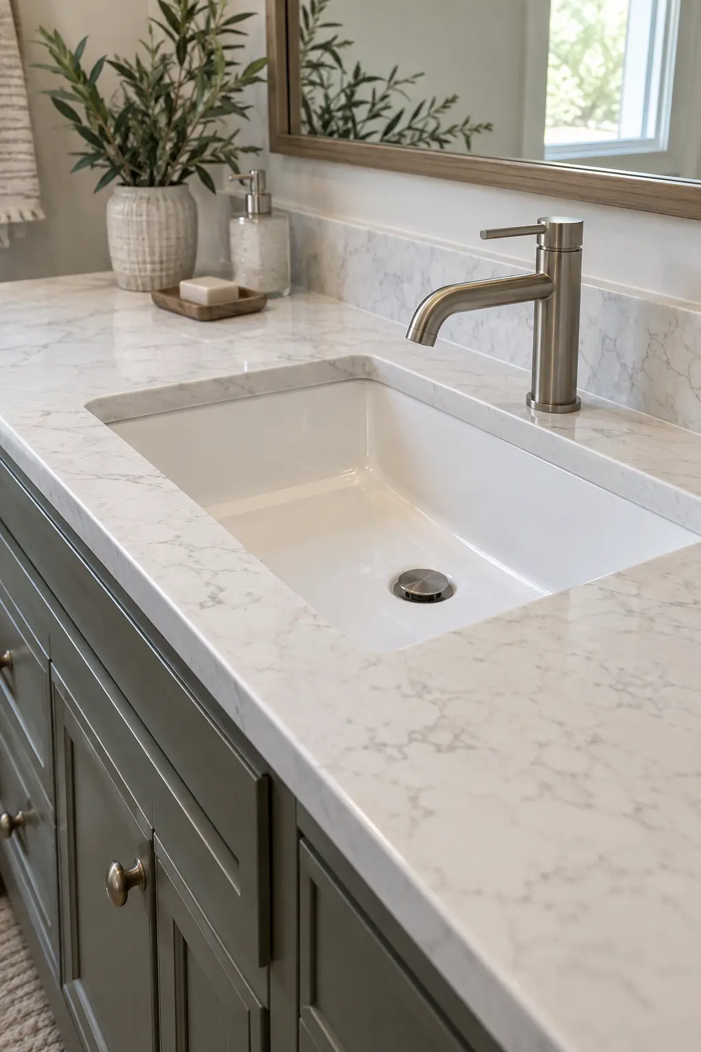 White slab-front double vanity with thin black hardware