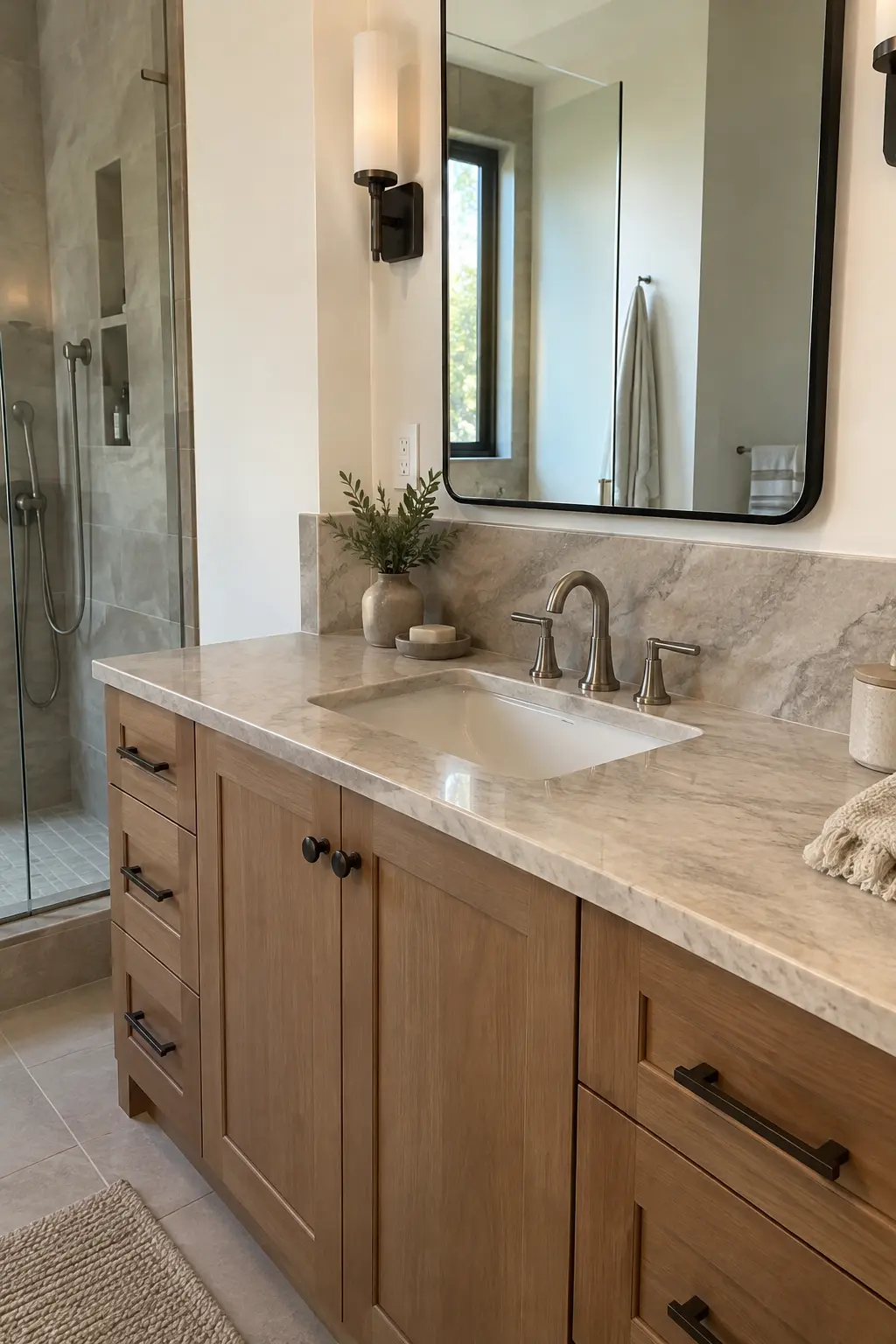 Double vanity with a continuous marble-look porcelain slab backsplash