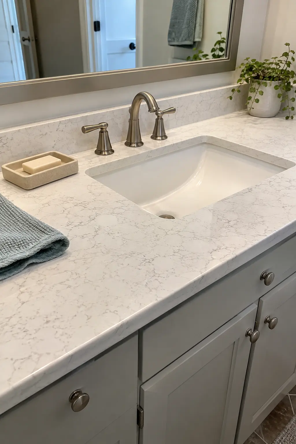 White oak double vanity with lightly veined quartz and simple hardware