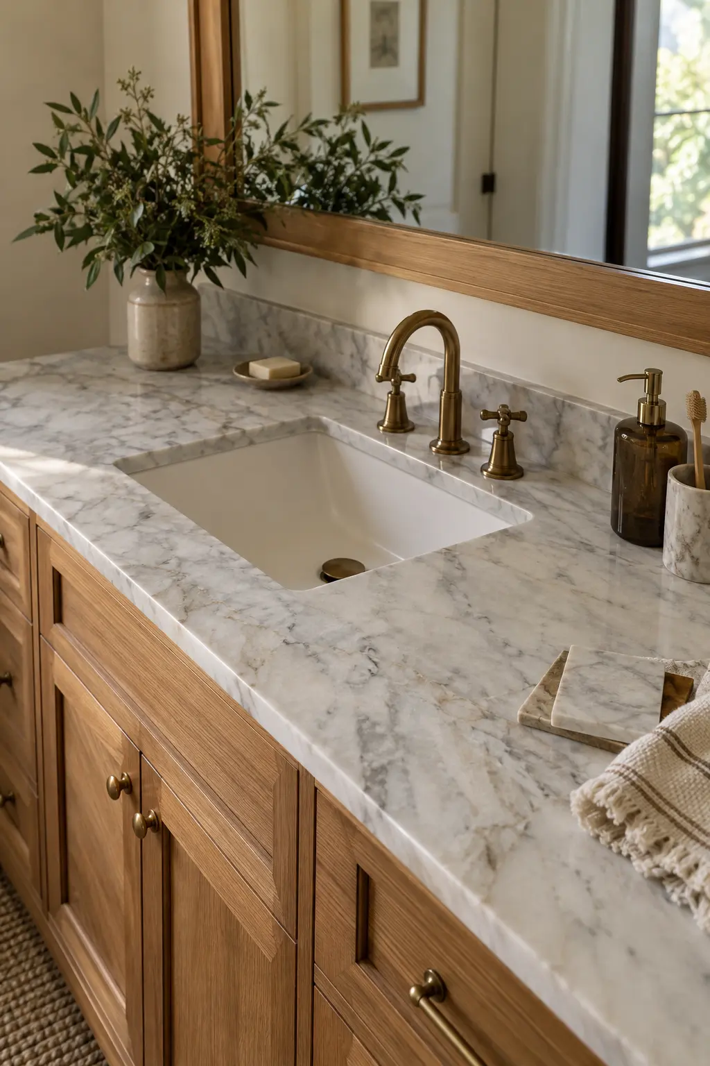 Walnut double vanity with soft gray concrete-look quartz