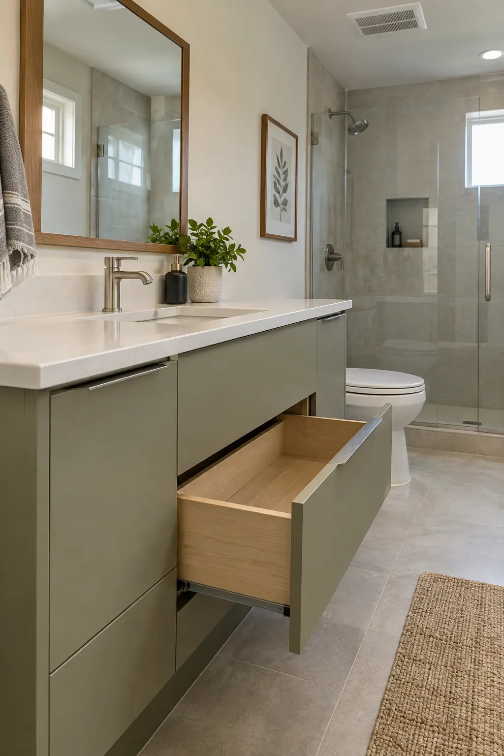 Furniture-style double vanity on tapered legs with visible floor