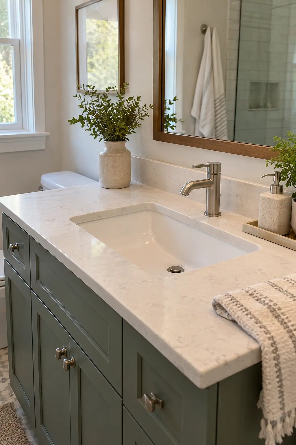 Navy double vanity with white quartz and polished nickel fixtures