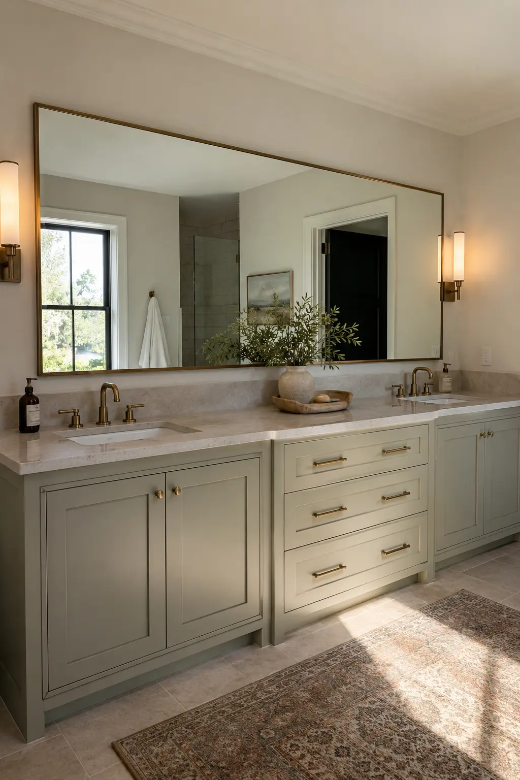 One wide mirror spanning a compact double vanity