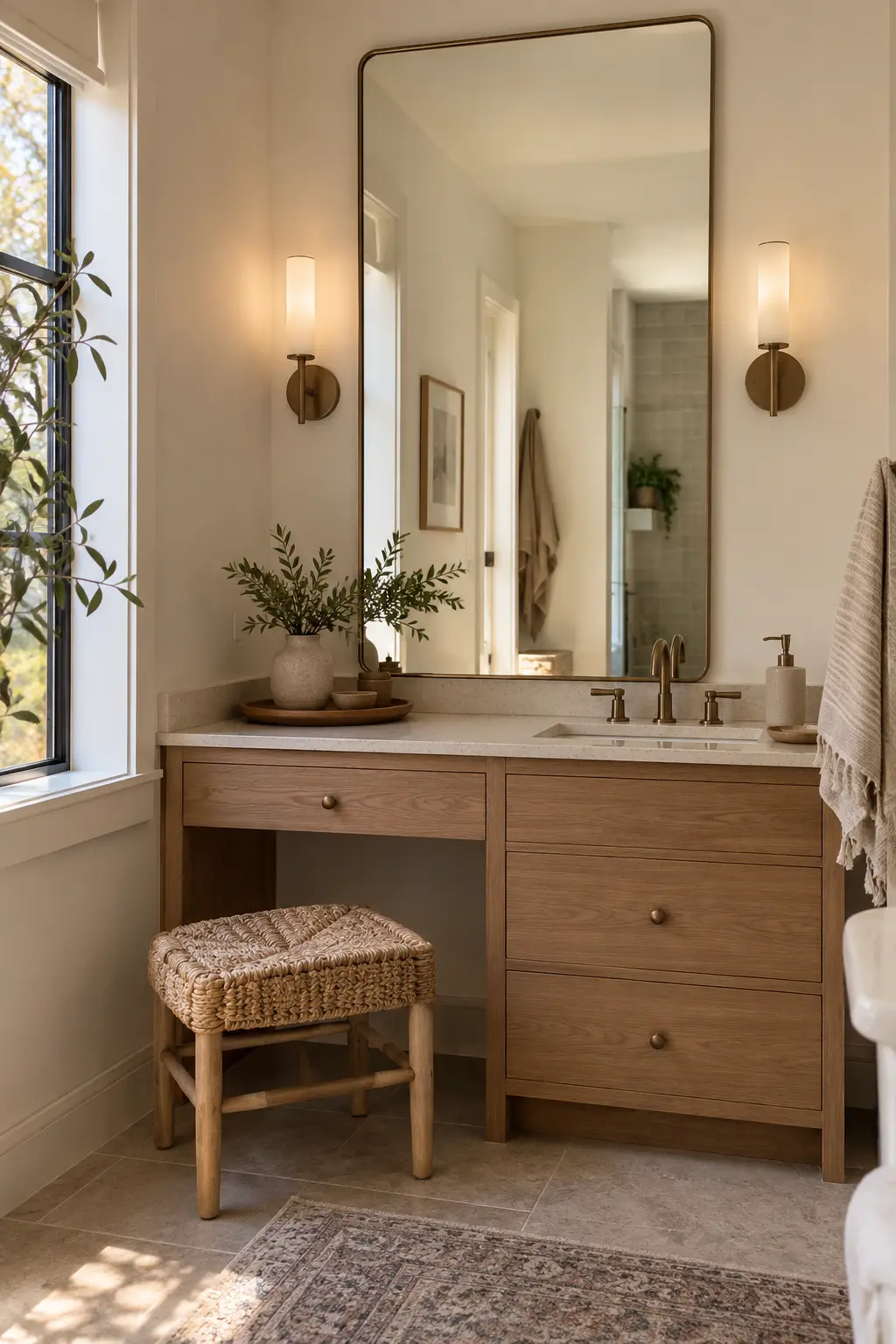 Two arched brass mirrors above a dark green double vanity