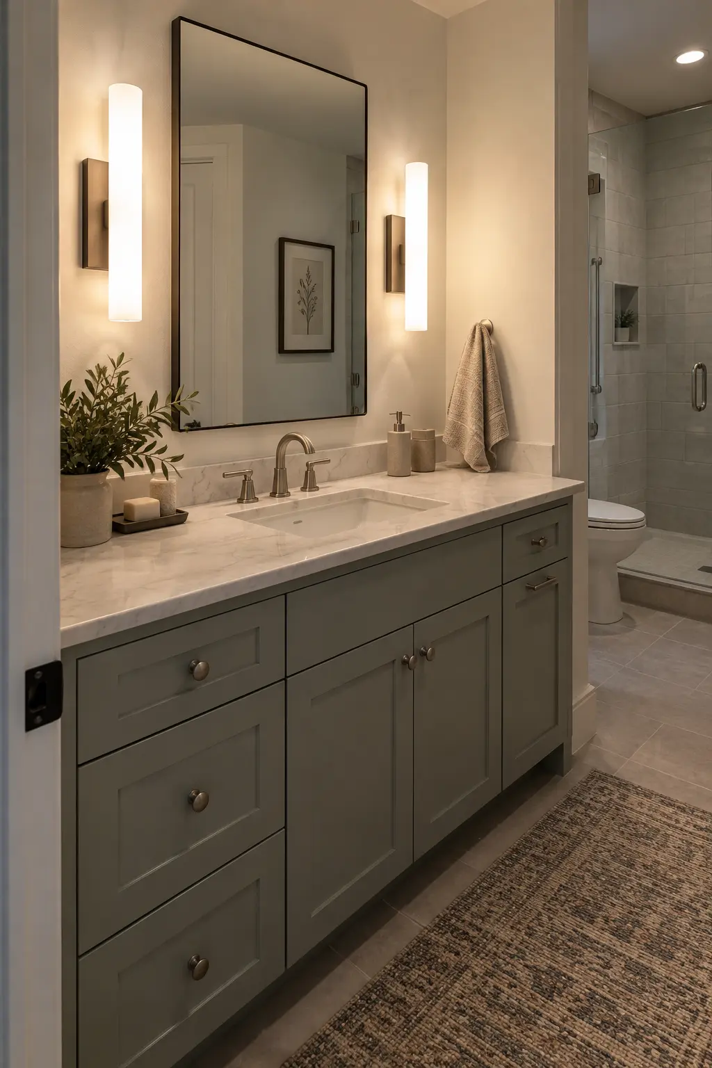 Two vanity mirrors framed by four slim side sconces