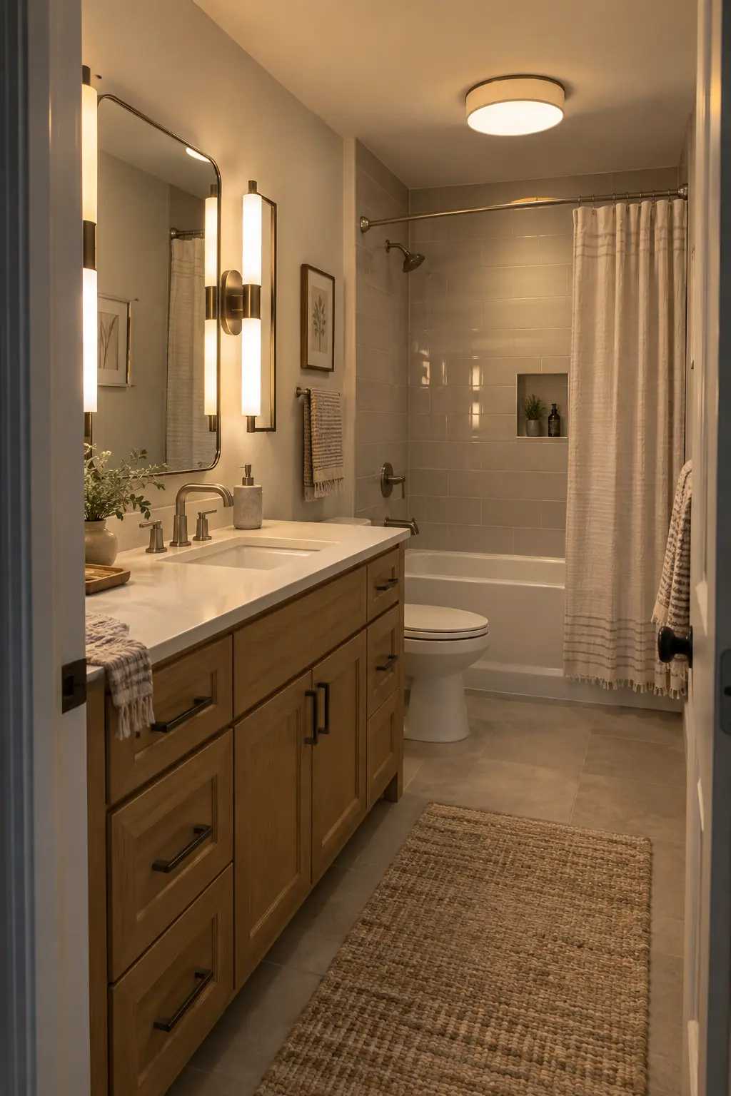 Double vanity with one centered wall light between two mirrors