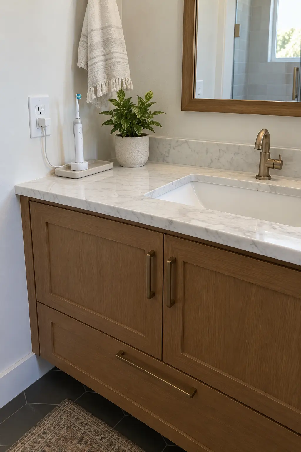 Two softly backlit mirrors in a windowless double vanity bathroom