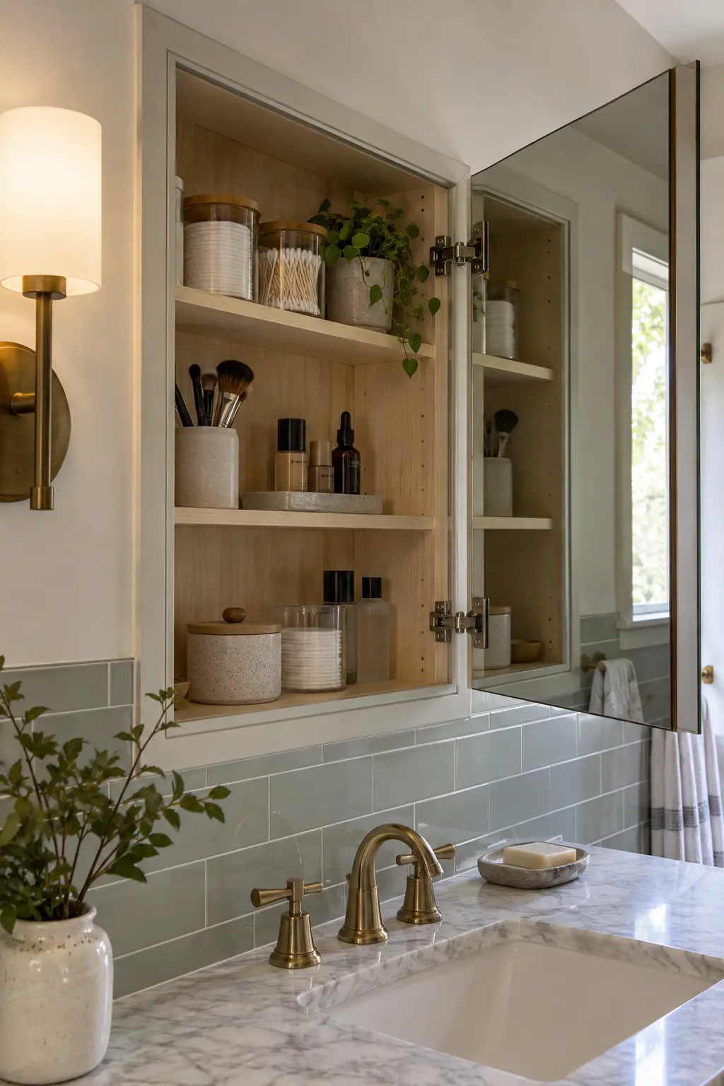Two recessed medicine cabinets above a double sink vanity