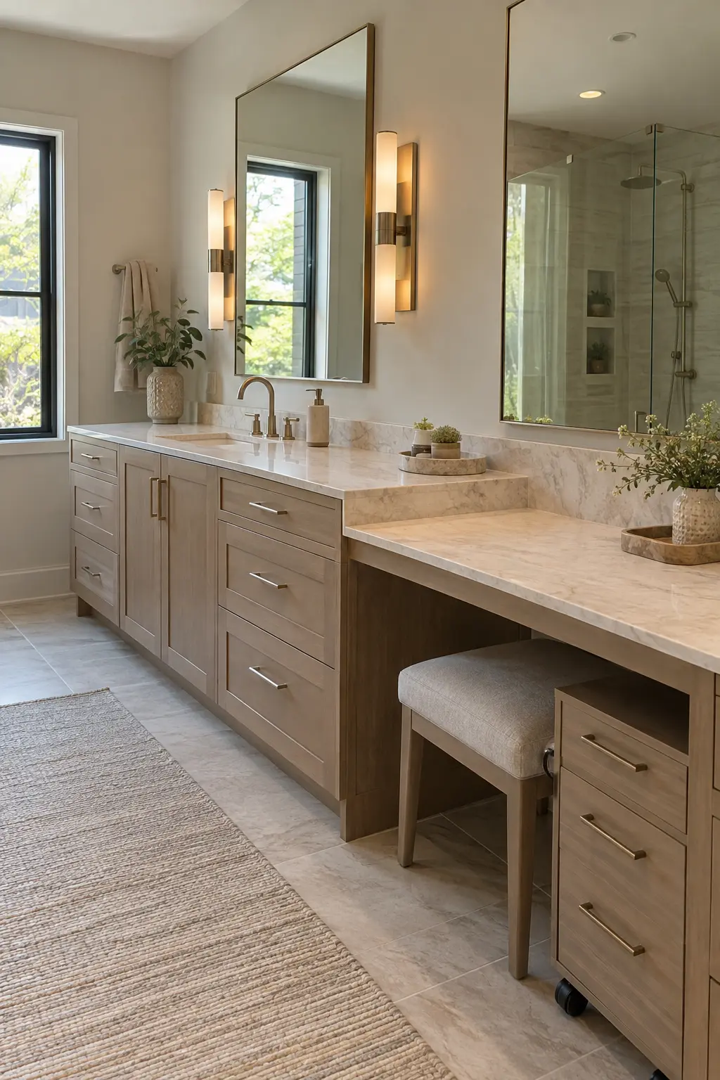 Double vanity with one lowered open-knee sink station and one standard station