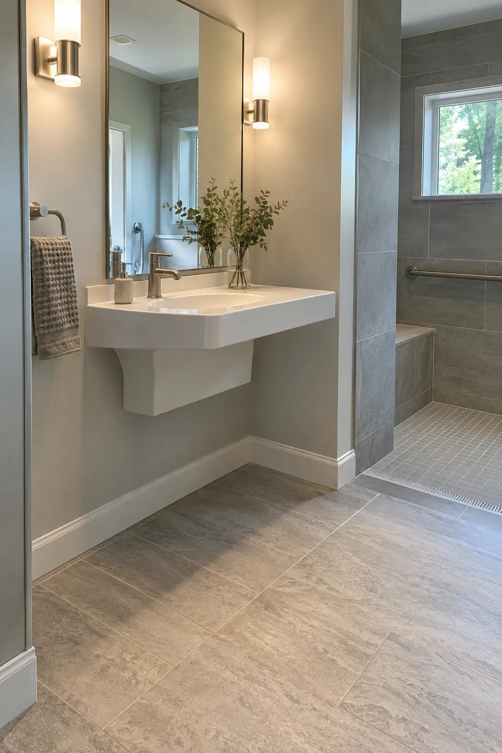 Double vanity with a pull-out laundry hamper at the outer end