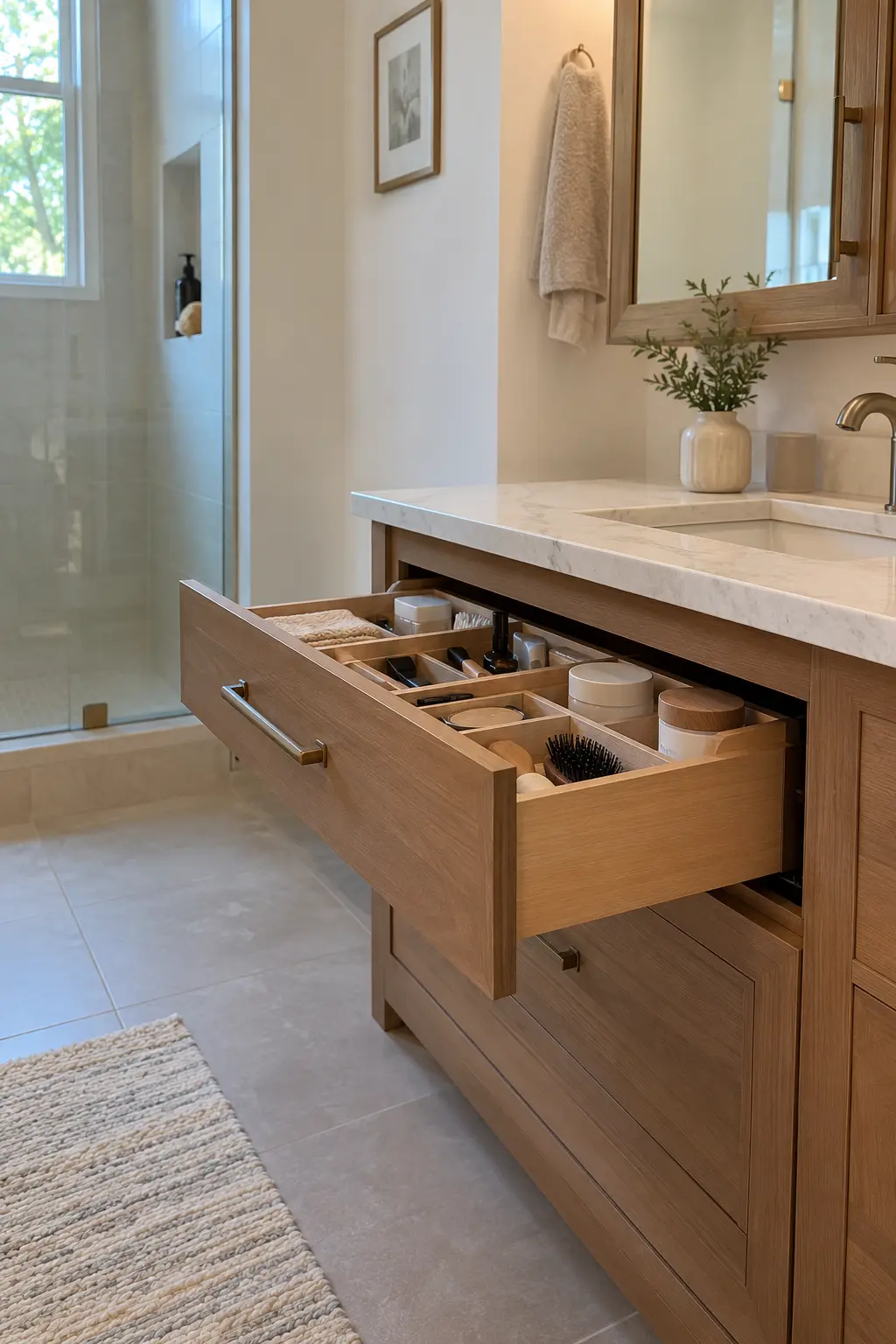 Double vanity ending in a tall linen cabinet with clear door clearance