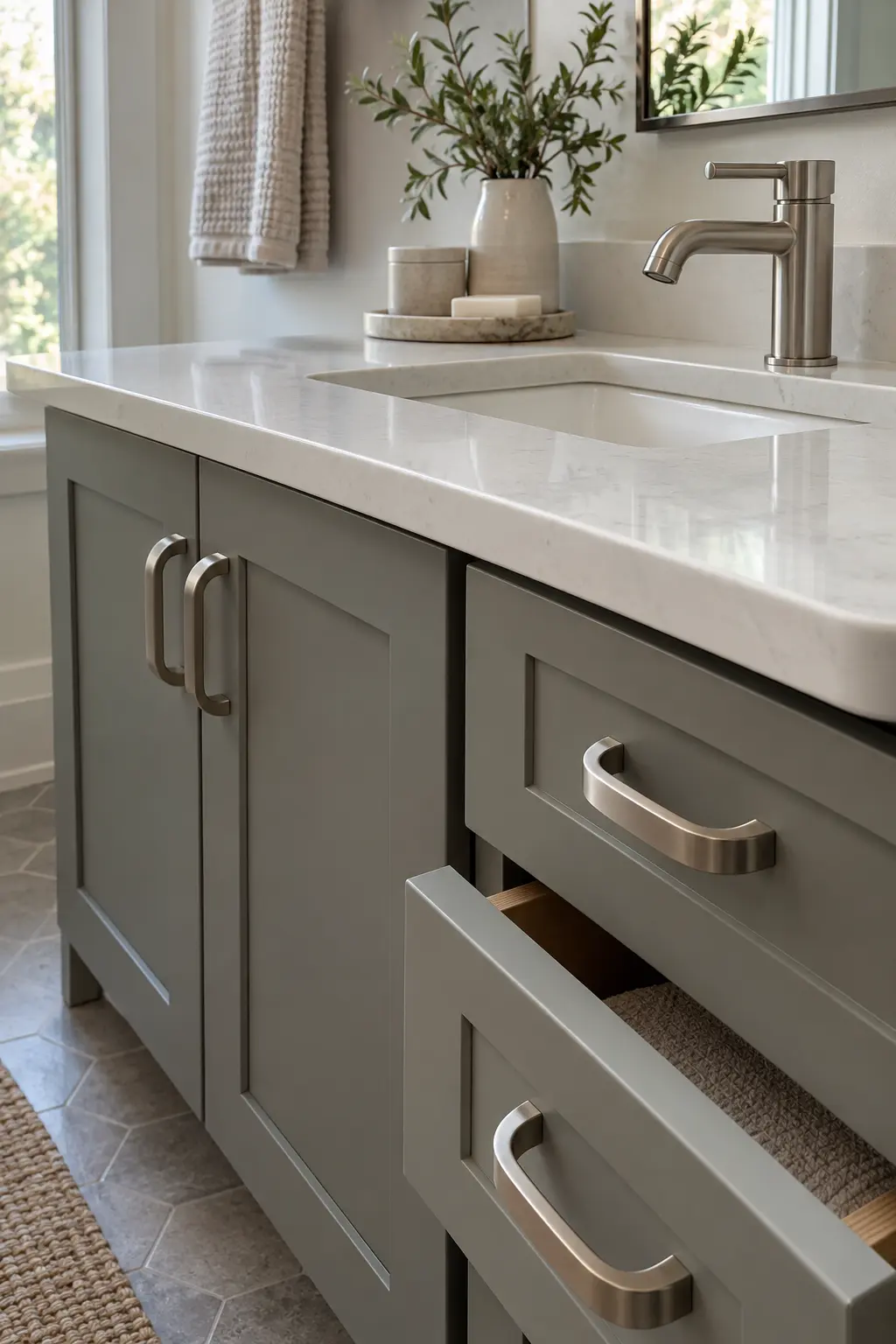 Sage green double vanity with aged brass hardware and cream stone