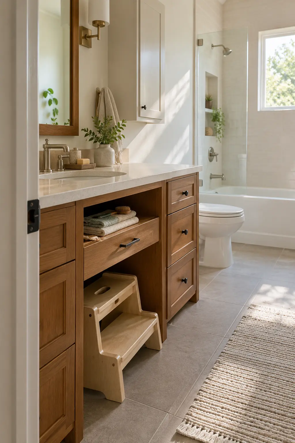 Double vanity with a central open cubby holding rolled hand towels