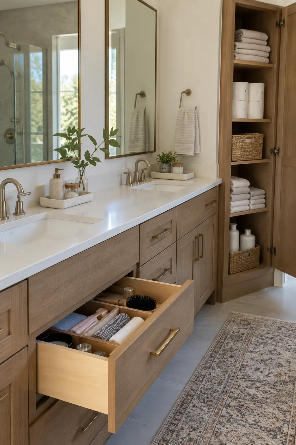 Double vanity with subtly different trays and towels for two users